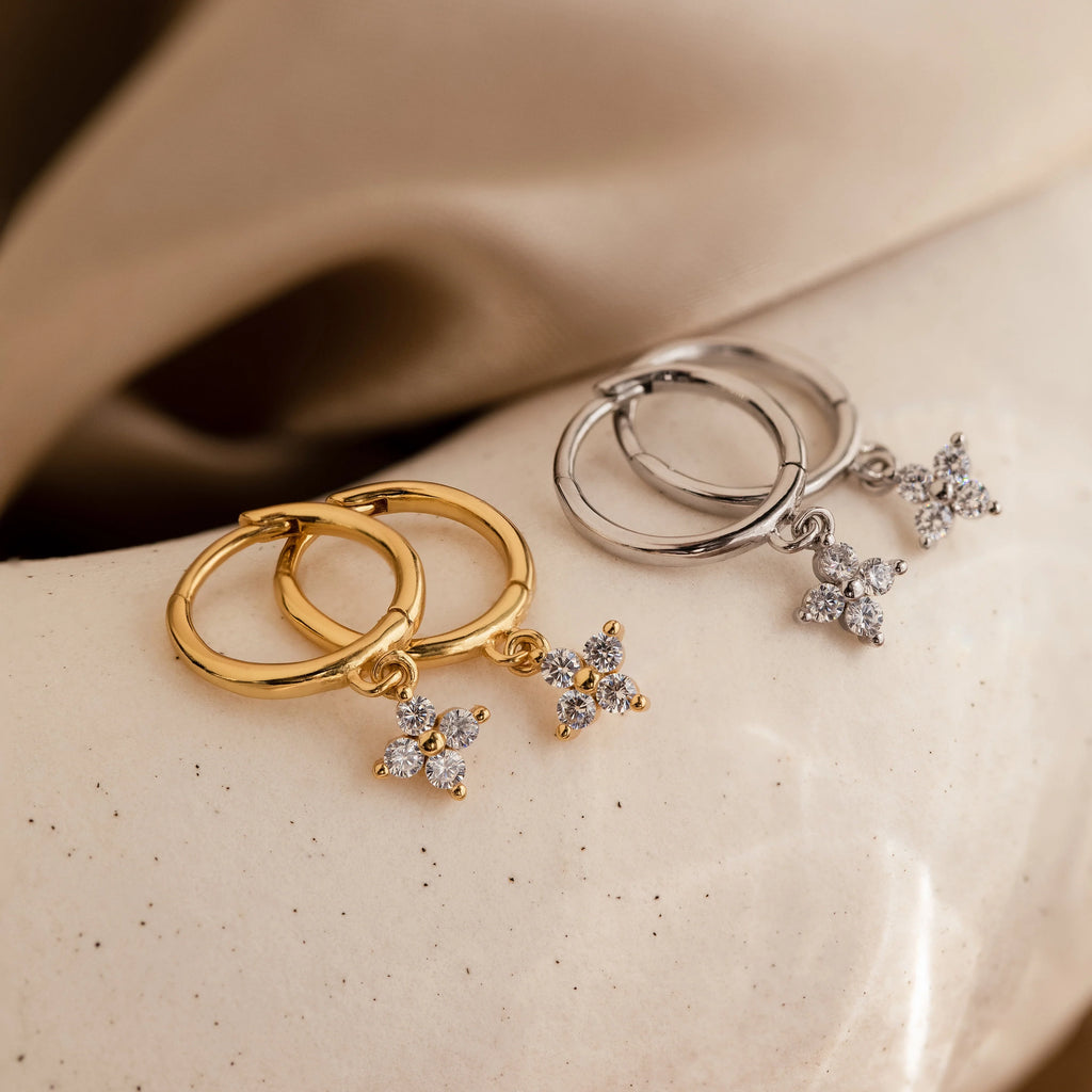 Diamond Flower Huggies Silver 18K Gold Plated