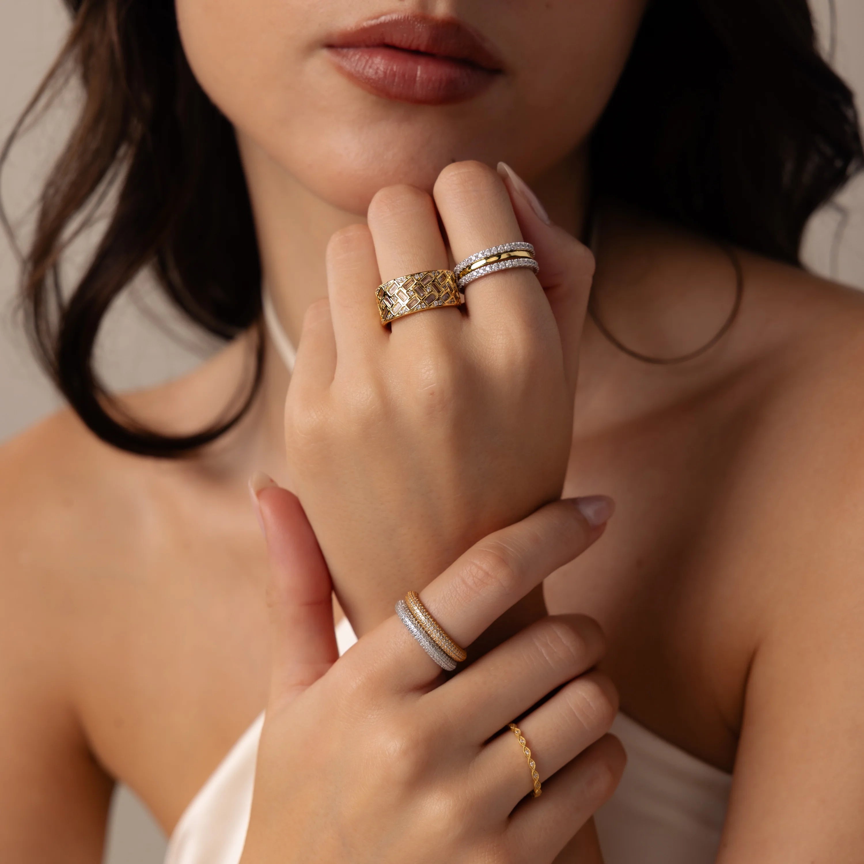 Round & Baguette Diamond Ring Silver 18K Gold Plated