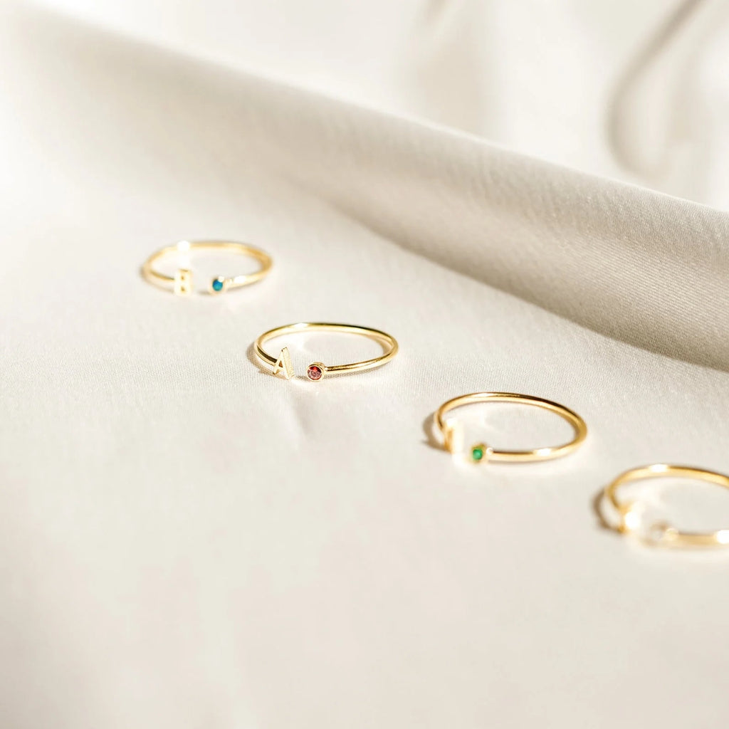Modern Initial Birthstone Ring Silver 18K Gold Plated