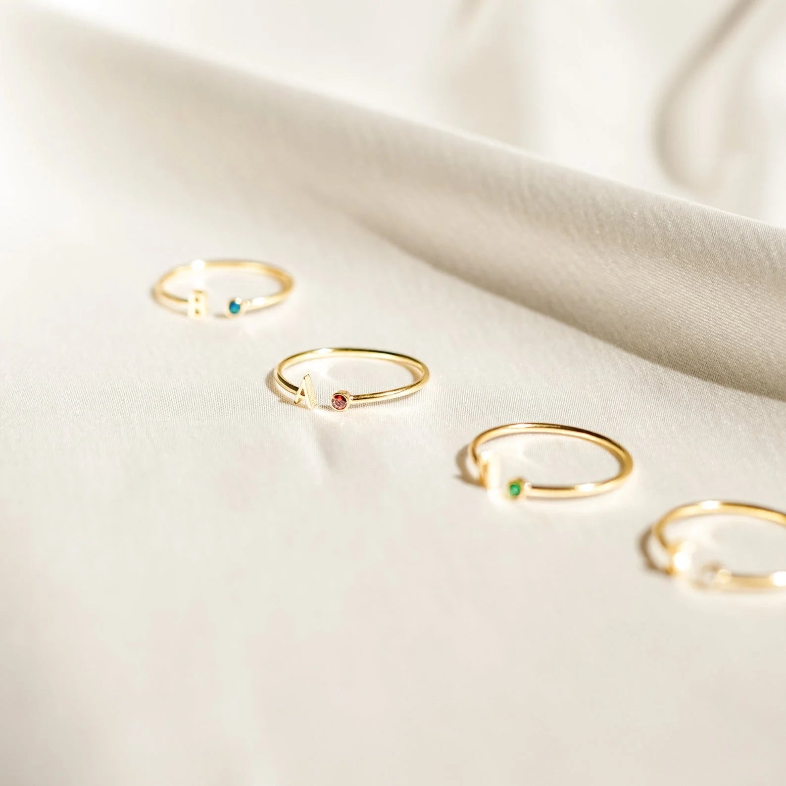 Modern Initial Birthstone Ring Silver 18K Gold Plated