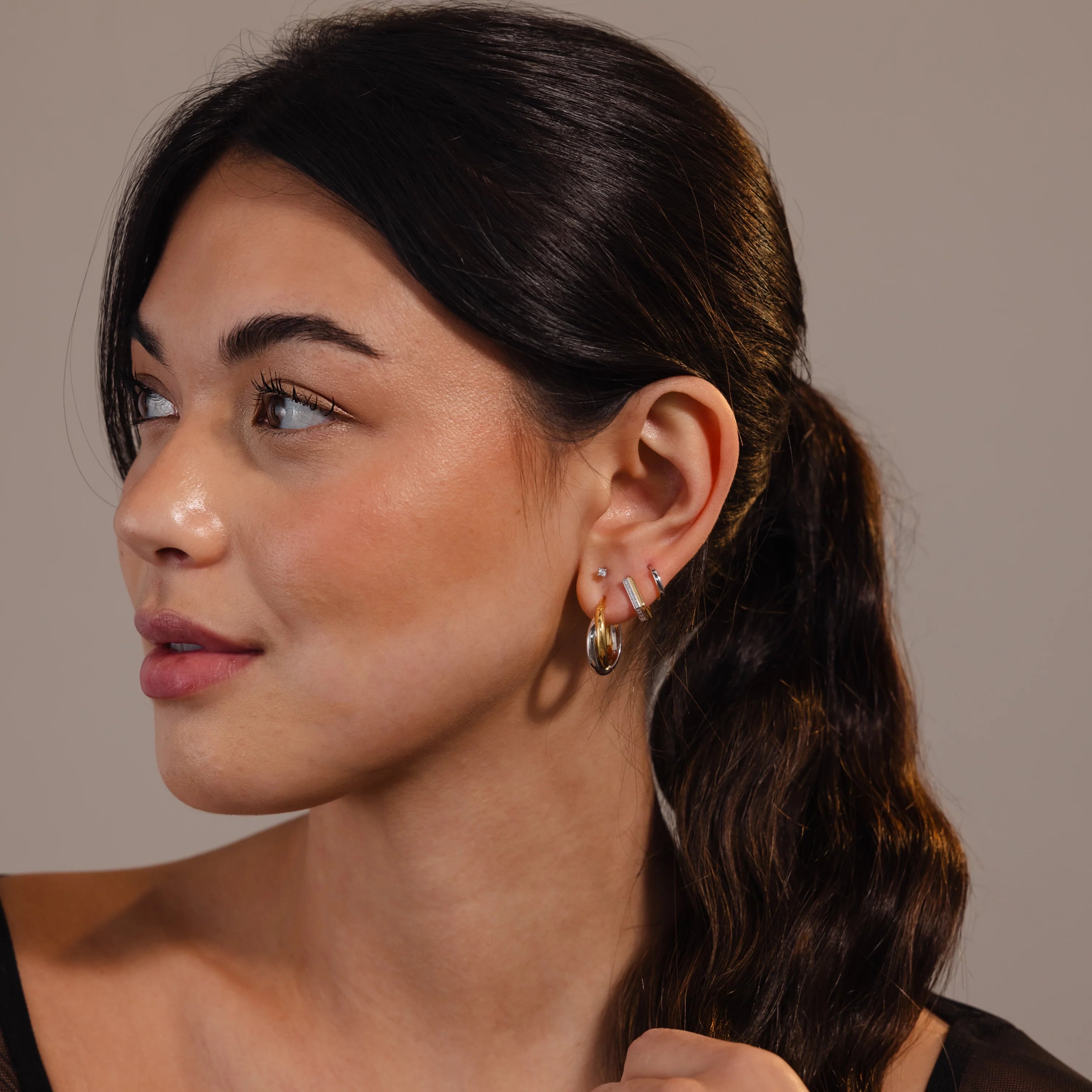 Diamond Pave Pointed Mixed Metal Hoops Silver 18K Gold Plated