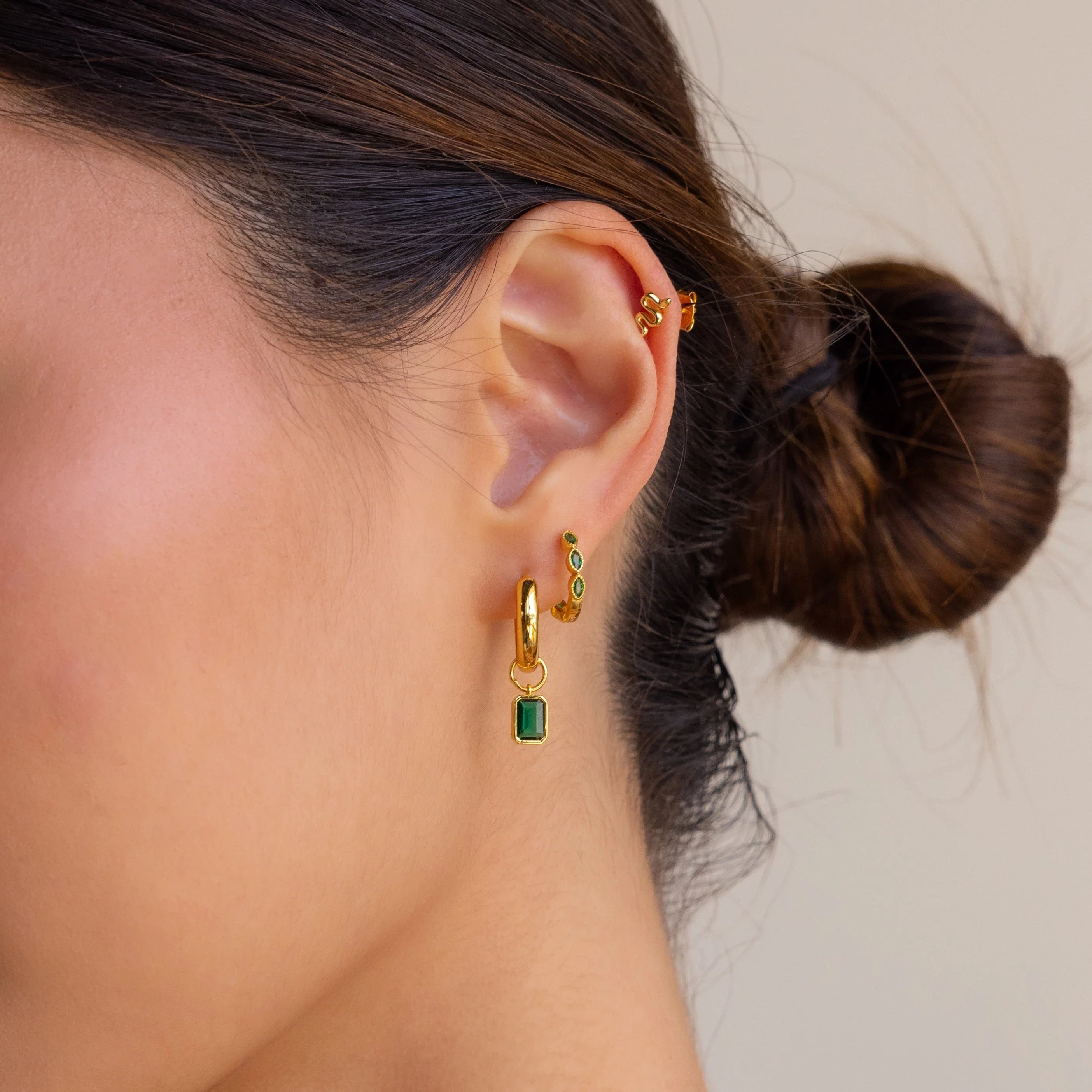Emerald Marquise Inlay Huggies Silver 18K Gold Plated
