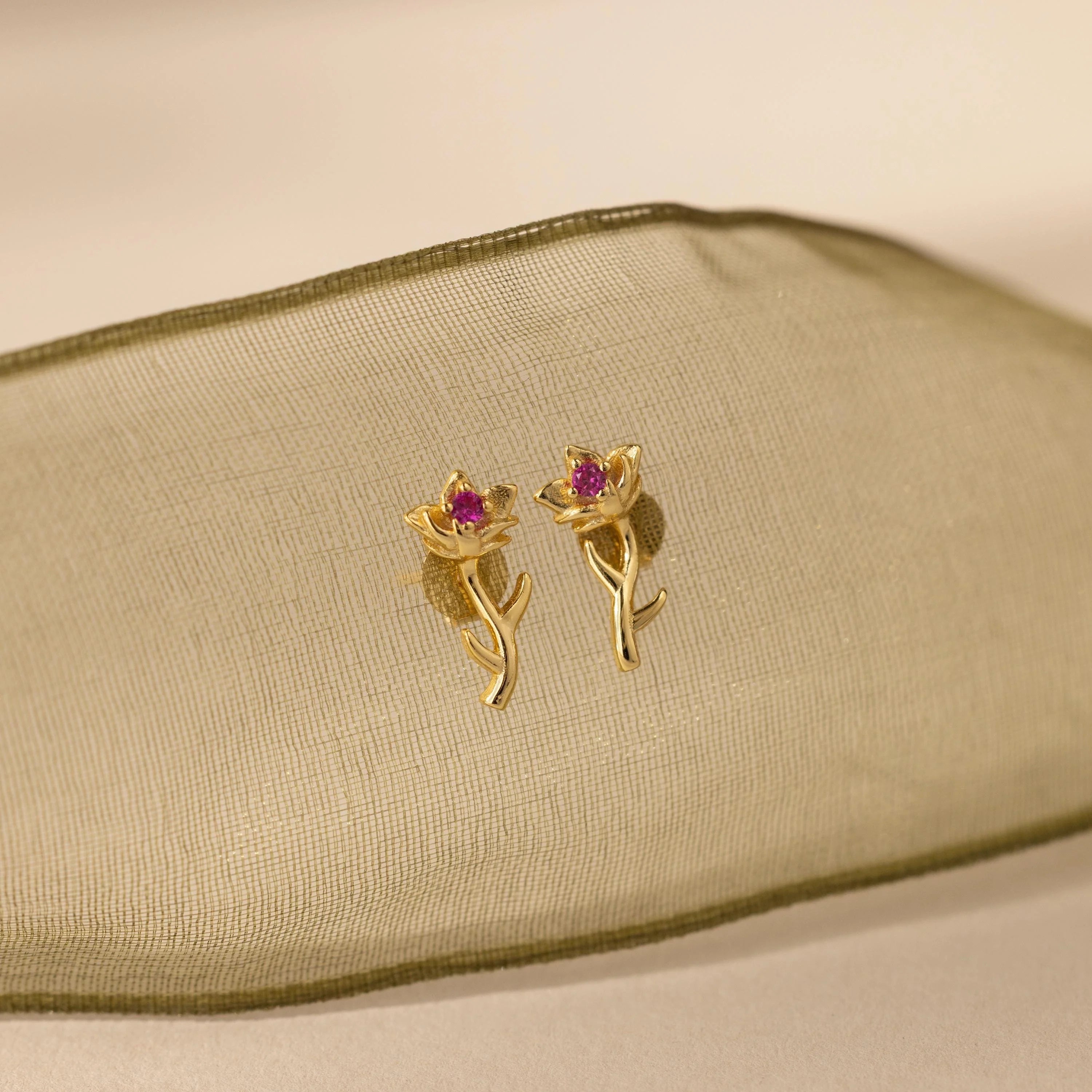 Birth Flower Stud Earrings Silver 18K Gold Plated