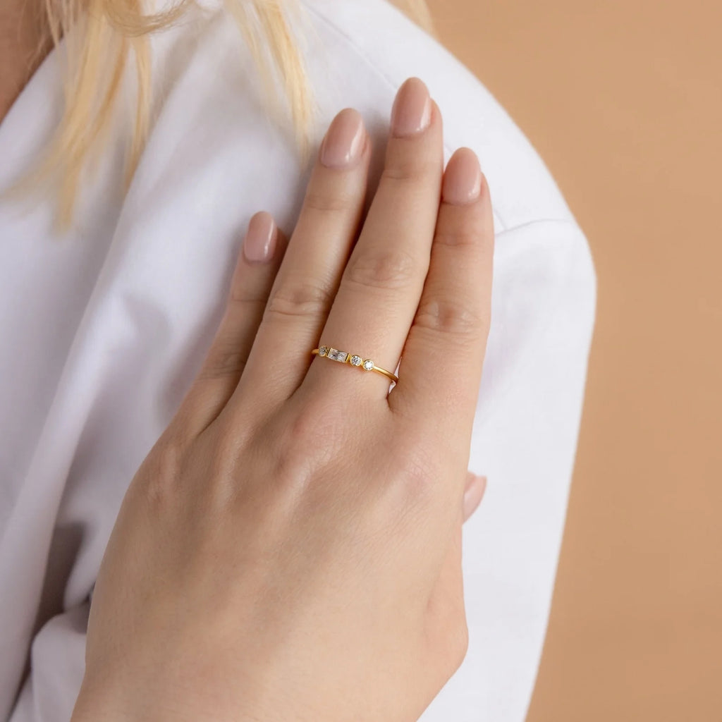 Initial Diamond Baguette Ring Silver 18K Gold Plated