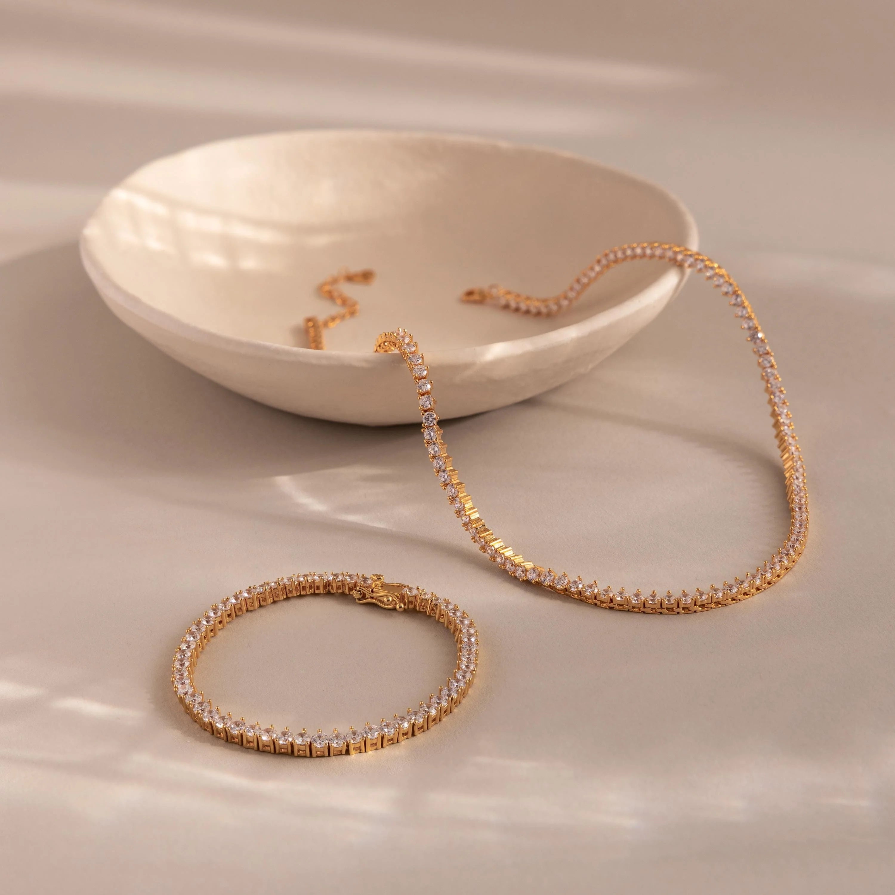3-Prong Diamond Tennis Necklace & Bracelet Set Silver 18K Gold Plated