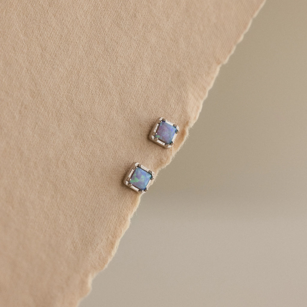 Blue Opal Prism Flatback Studs Silver 18K Gold Plated
