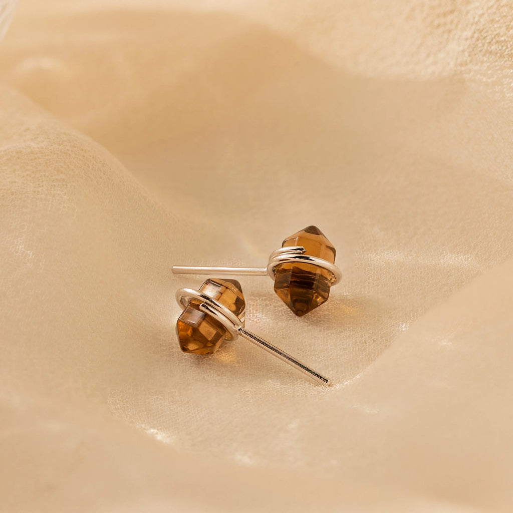 Smoky Quartz Glass Stones Studs Silver 18K Gold Plated