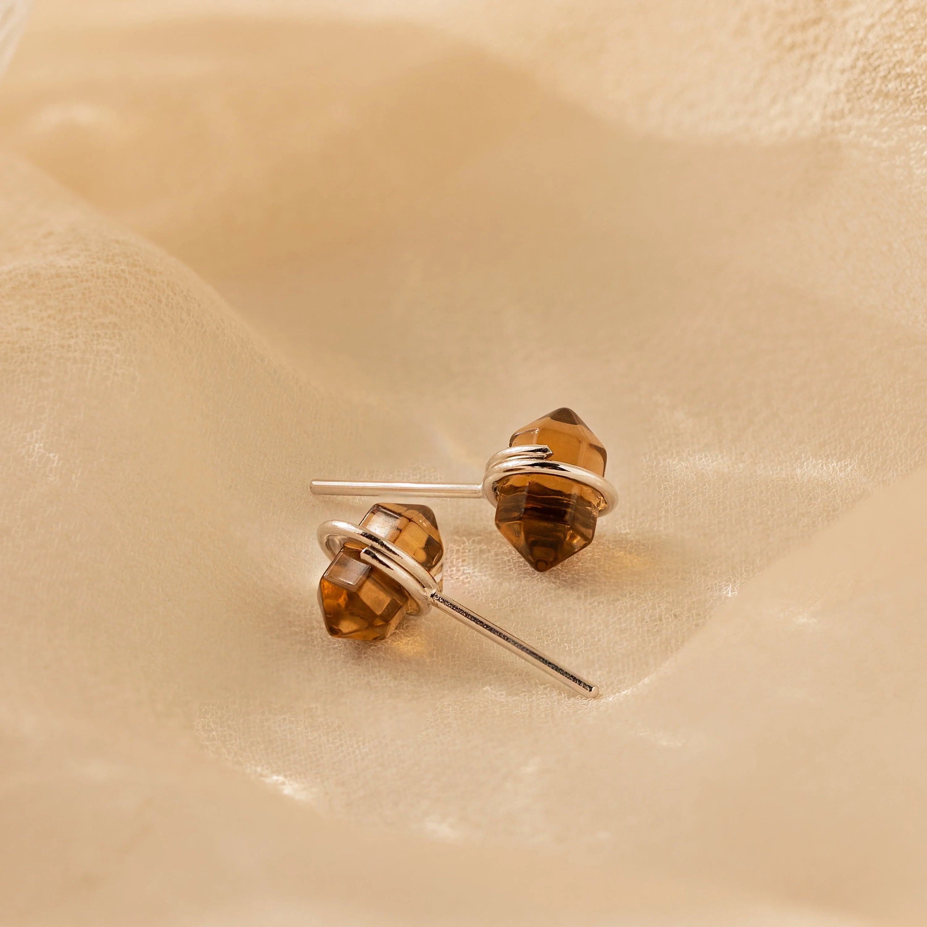 Smoky Quartz Glass Stones Studs Silver 18K Gold Plated