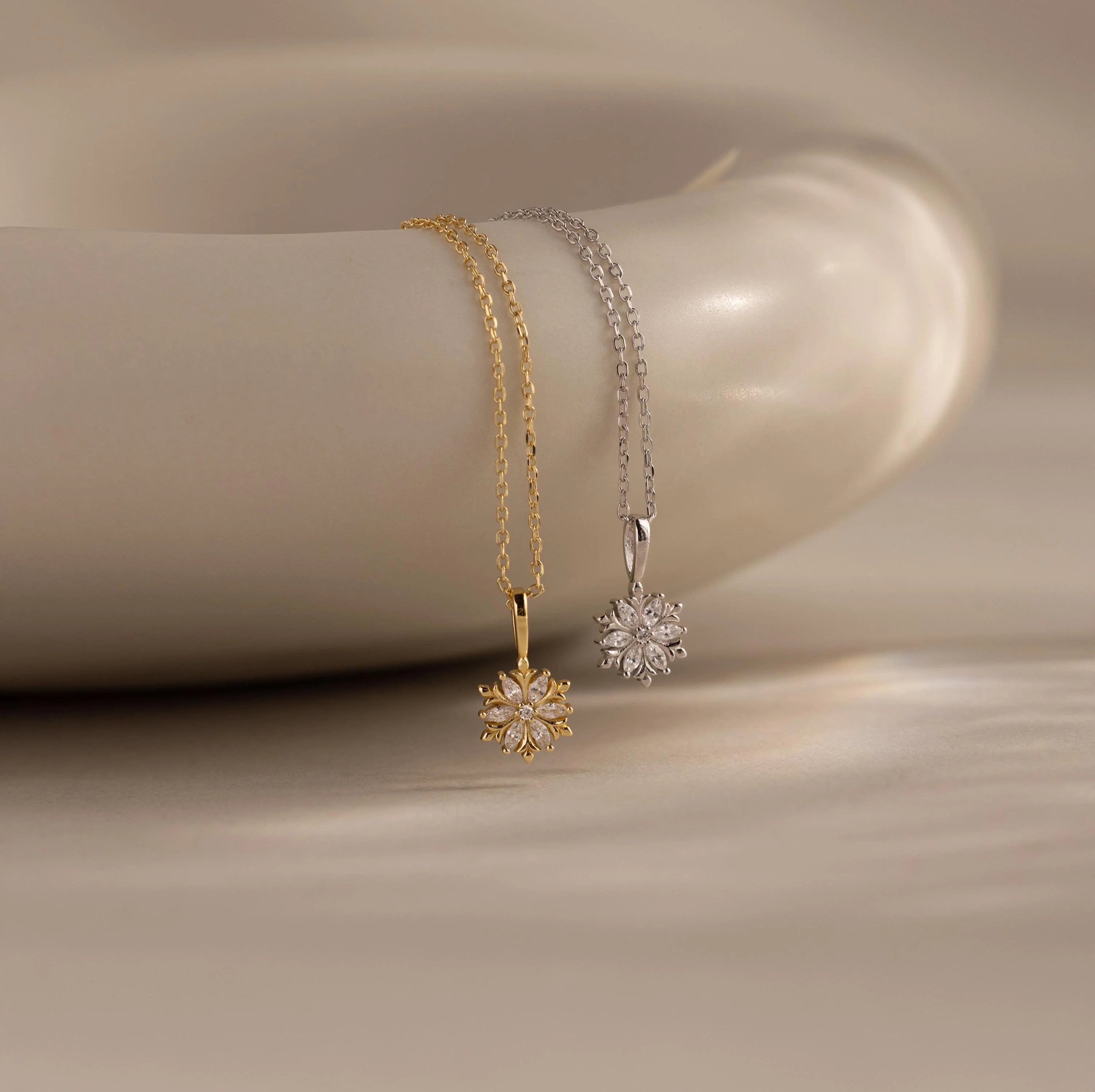 Diamond Poinsettia Charm Necklace Silver 18K Gold Plated
