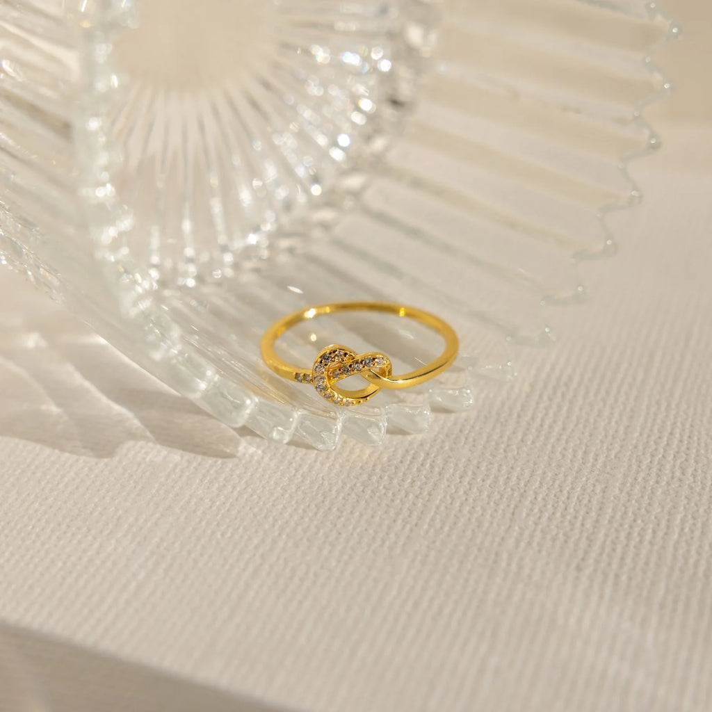 Pave Heart Knot Ring Silver 18K Gold Plated