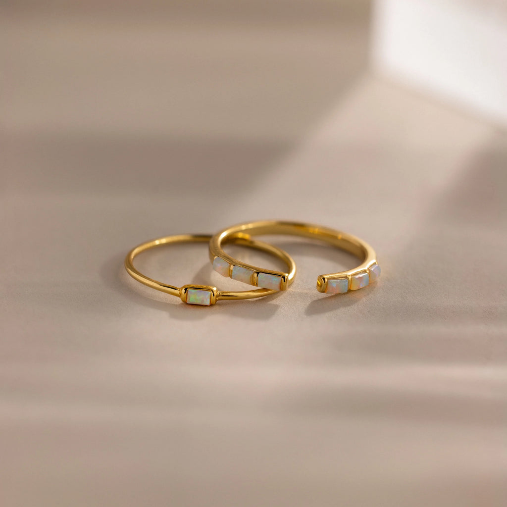Baguette Opal Ring Set Silver 18K Gold Plated