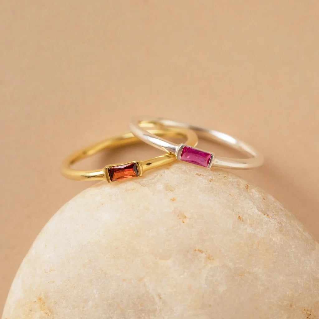 Baguette Birthstone Ring Silver 18K Gold Plated