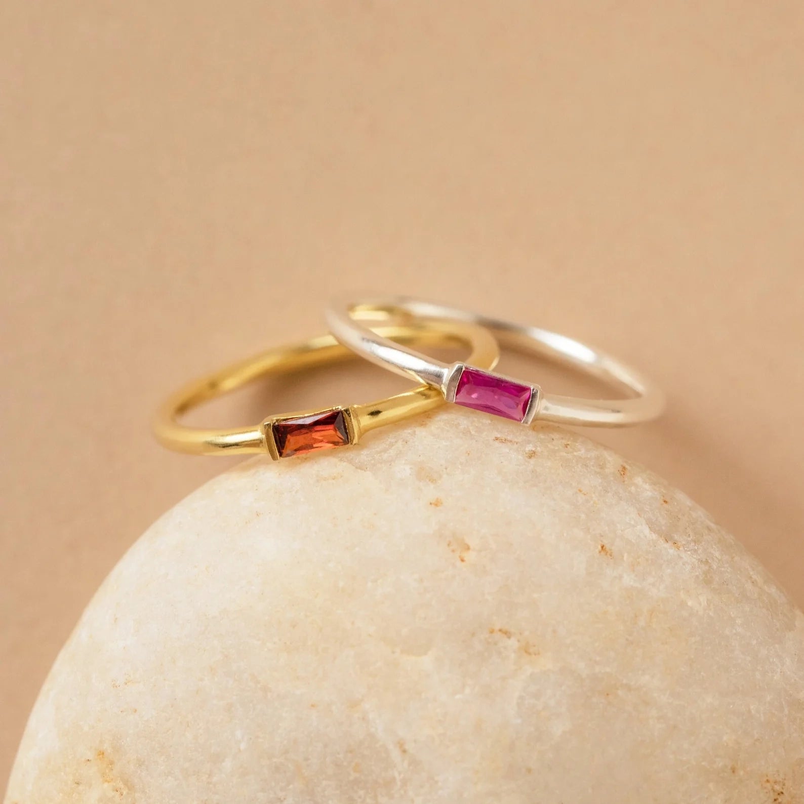 Baguette Birthstone Ring Silver 18K Gold Plated