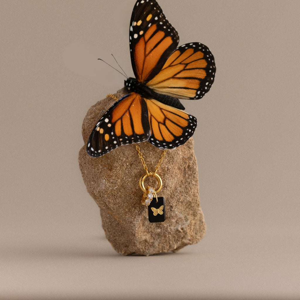 Onyx Butterfly Charm Silver 18K Gold Plated
