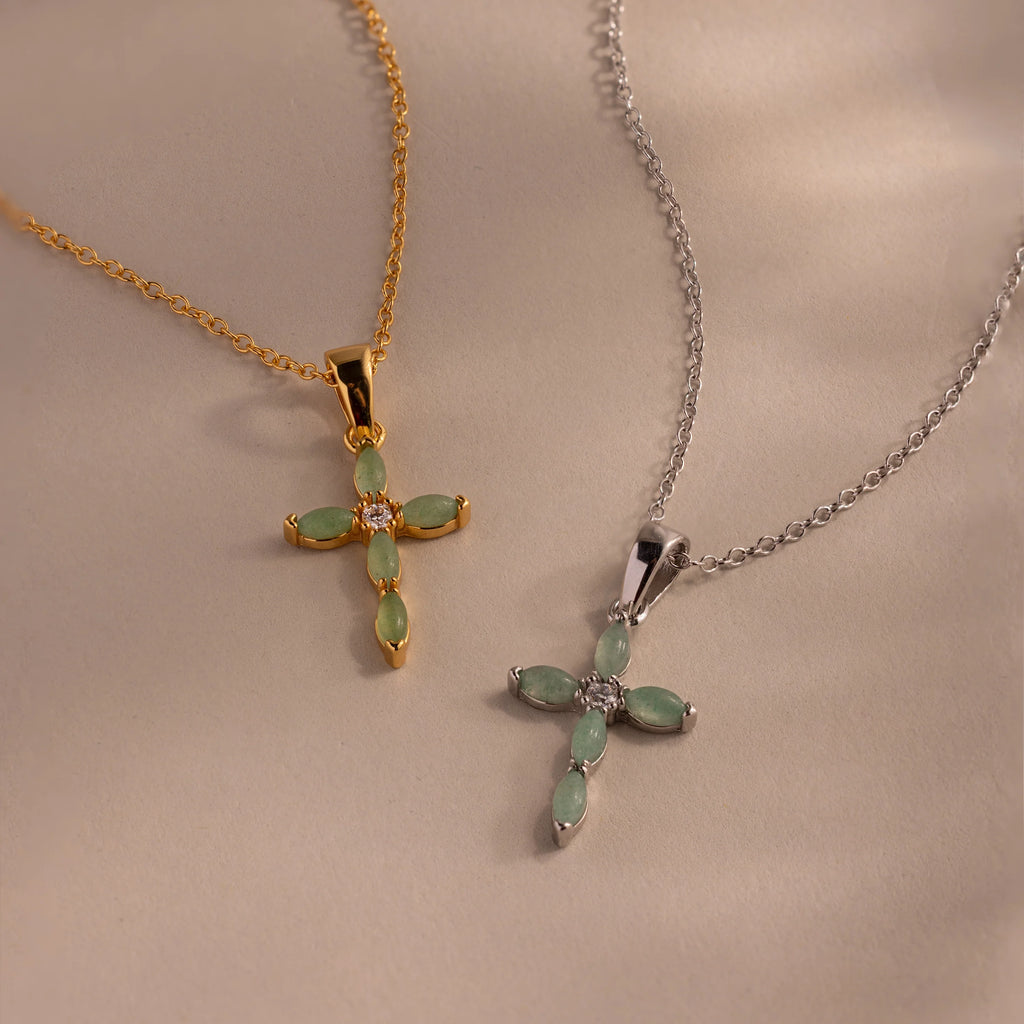 Diamond Marquise Jade Cross Necklace Silver 18K Gold Plated