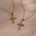 Diamond Marquise Jade Cross Necklace Silver 18K Gold Plated