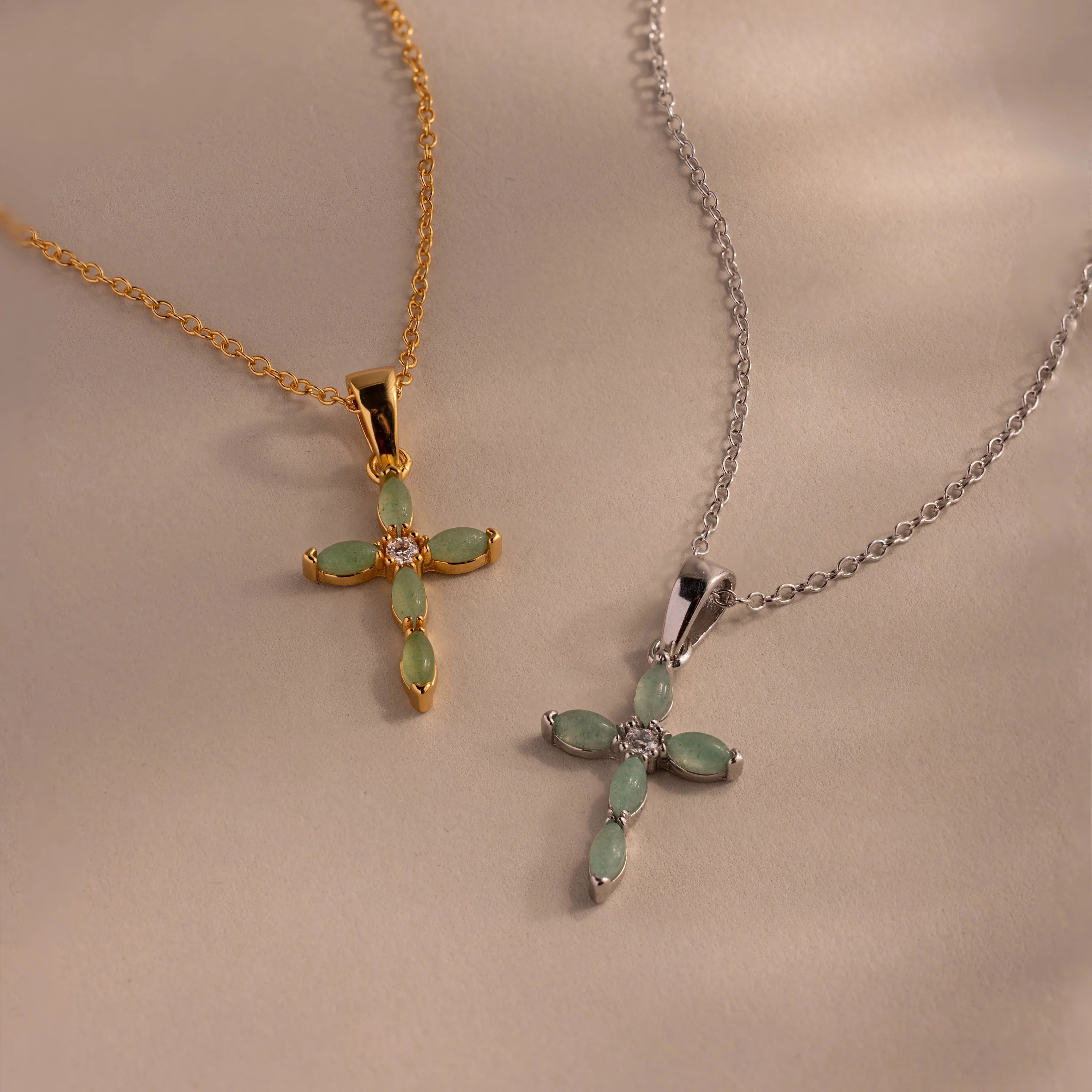 Diamond Marquise Jade Cross Necklace Silver 18K Gold Plated