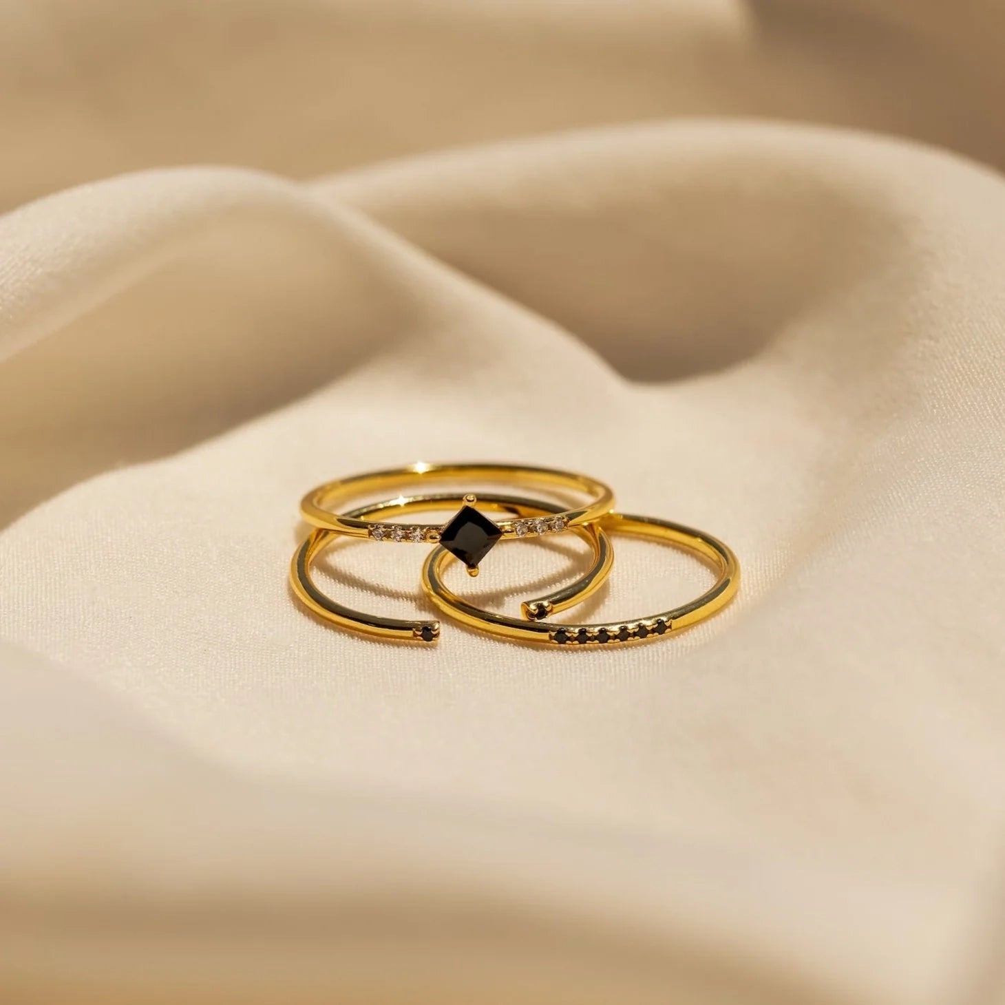 Diamond Onyx Ring Set Silver 18K Gold Plated