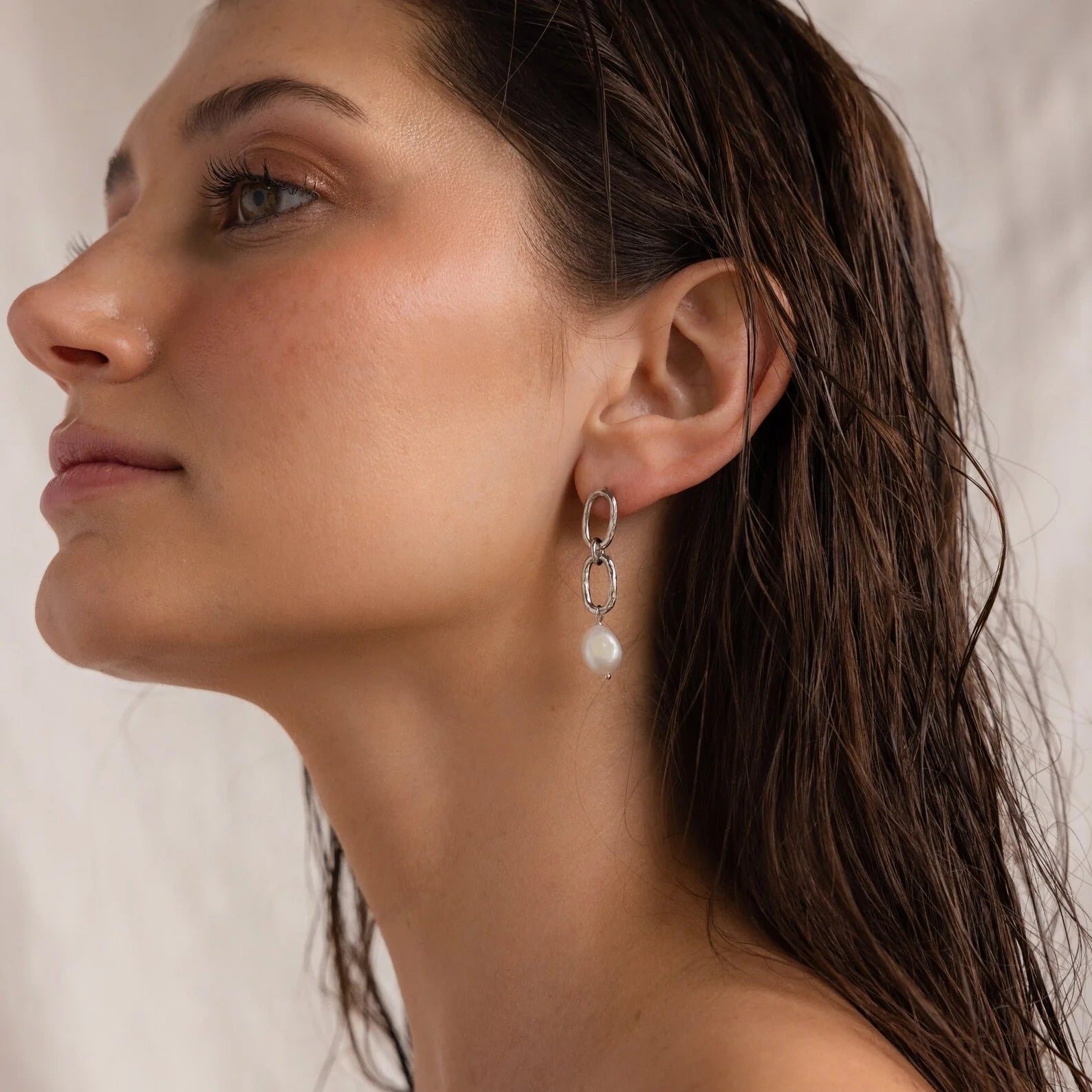 Pearl Drop Link Studs Silver 18K Gold Plated