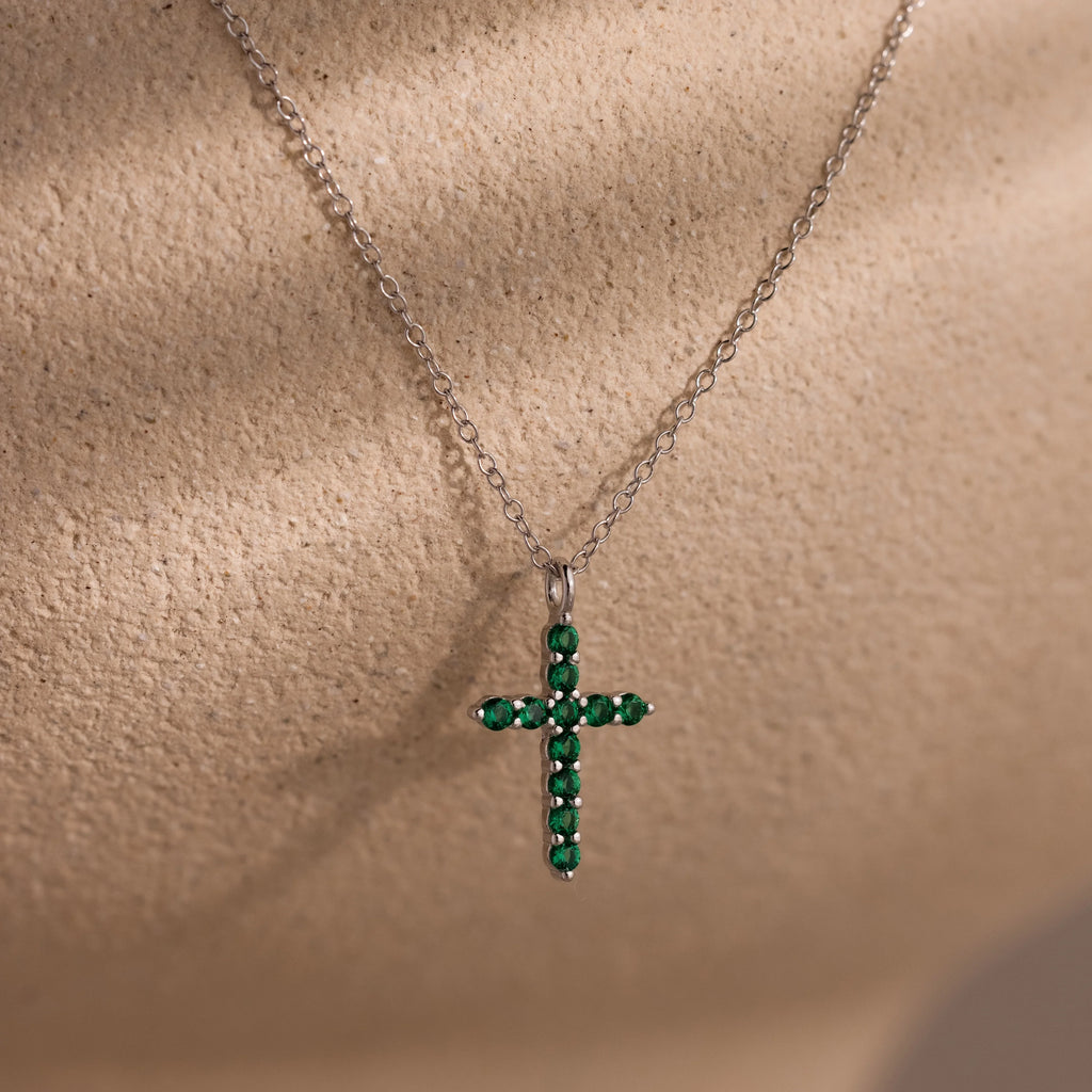 Emerald Pave Cross Necklace Silver 18K Gold Plated