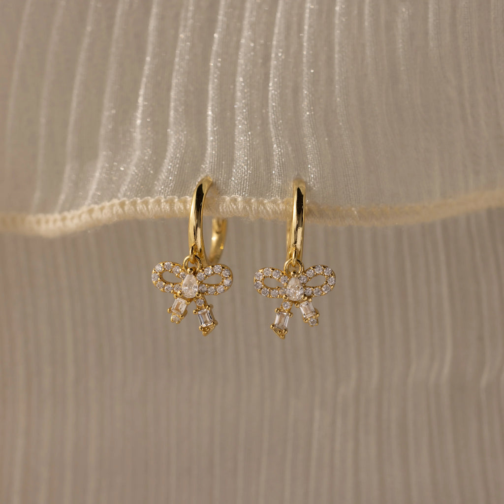 Pave Bow Charm Hoops Silver 18K Gold Plated