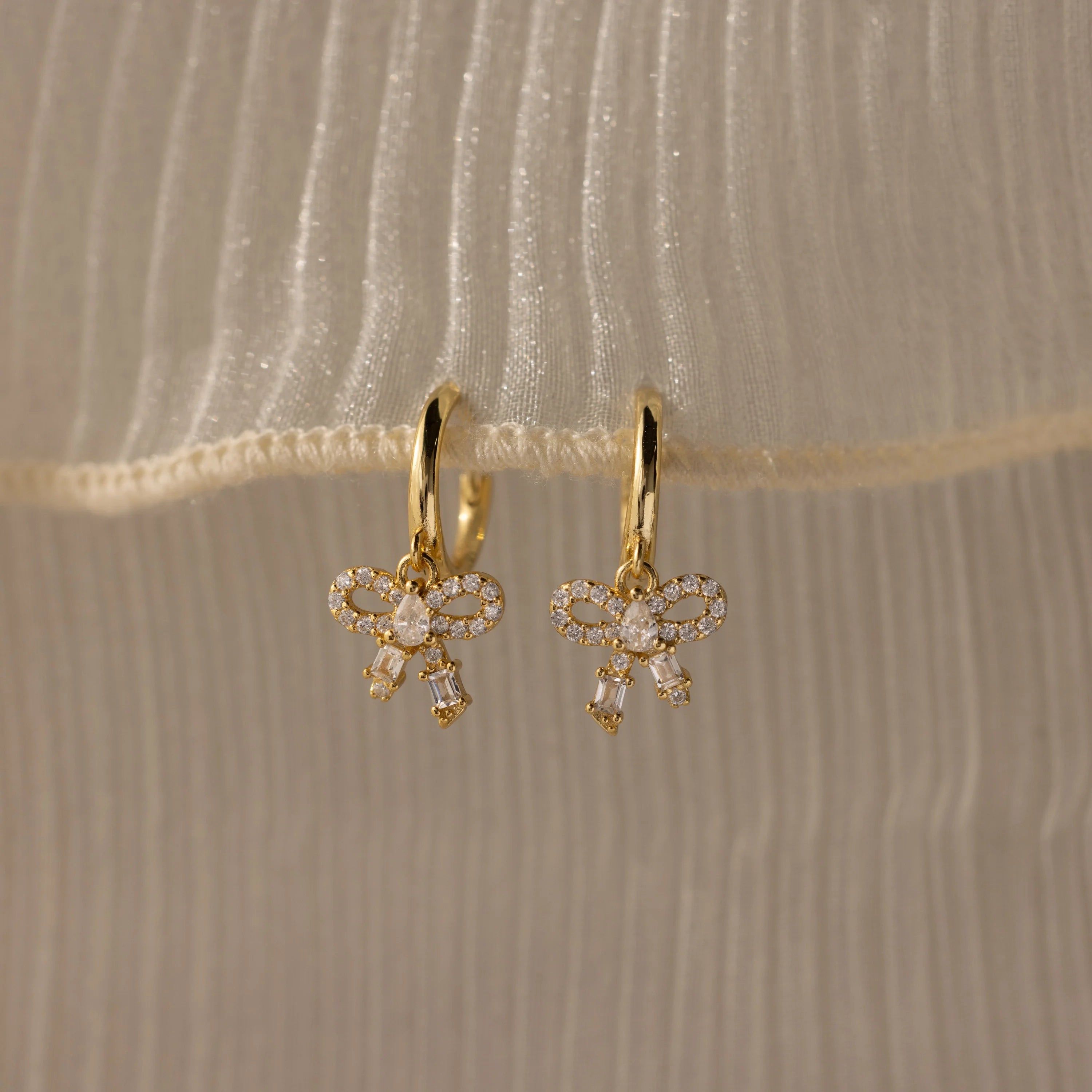 Pave Bow Charm Hoops Silver 18K Gold Plated