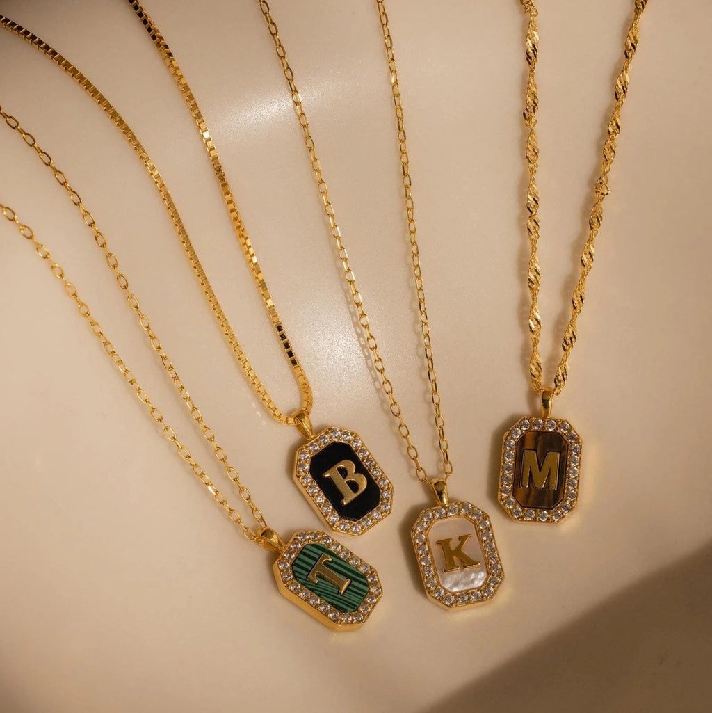 Pave Gemstone Initial Necklace  Silver 18K Gold Plated