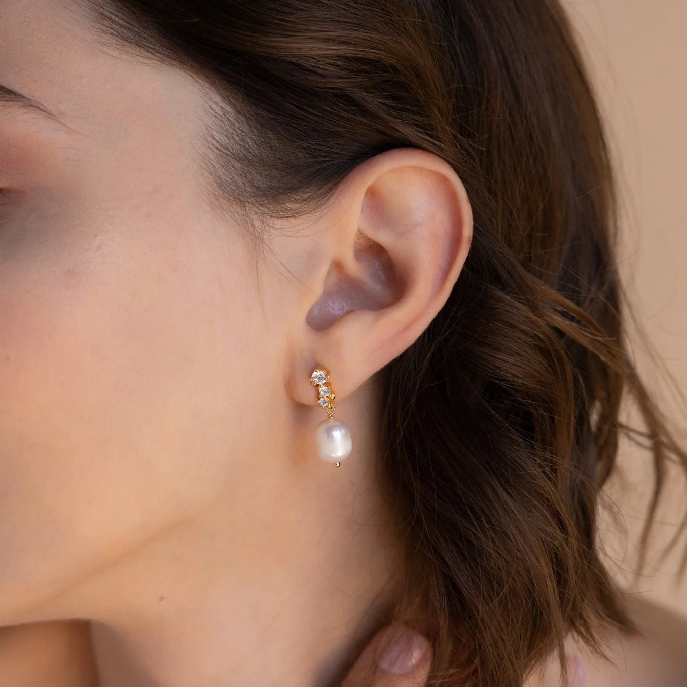 Diamond Pearl Drop Earrings Silver 18K Gold Plated