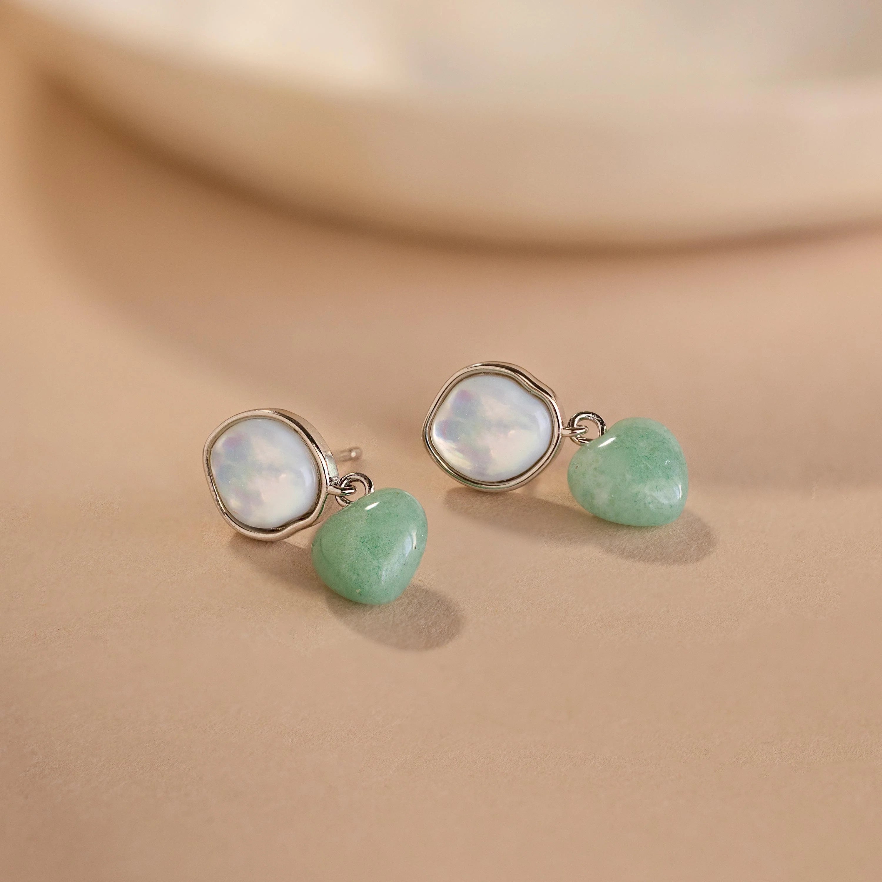Jade Heart Drop Earrings Silver 18K Gold Plated