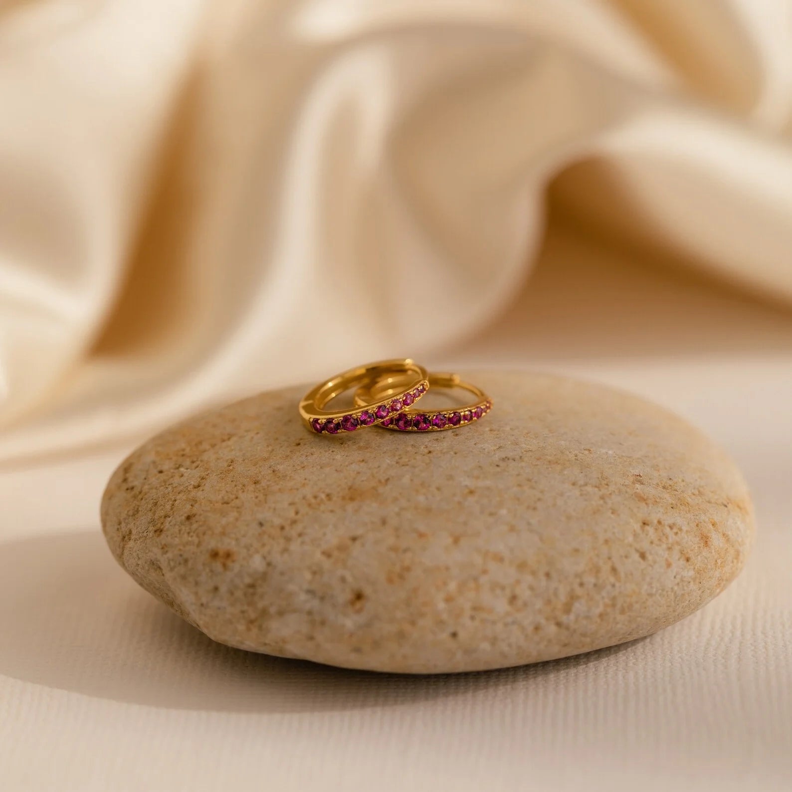 Vera Pave Ruby Huggies Silver 18K Gold Plated