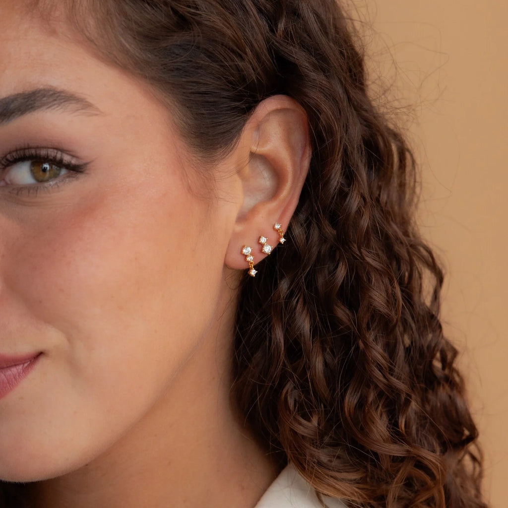 Triple Diamond Studs Set Silver 18K Gold Plated