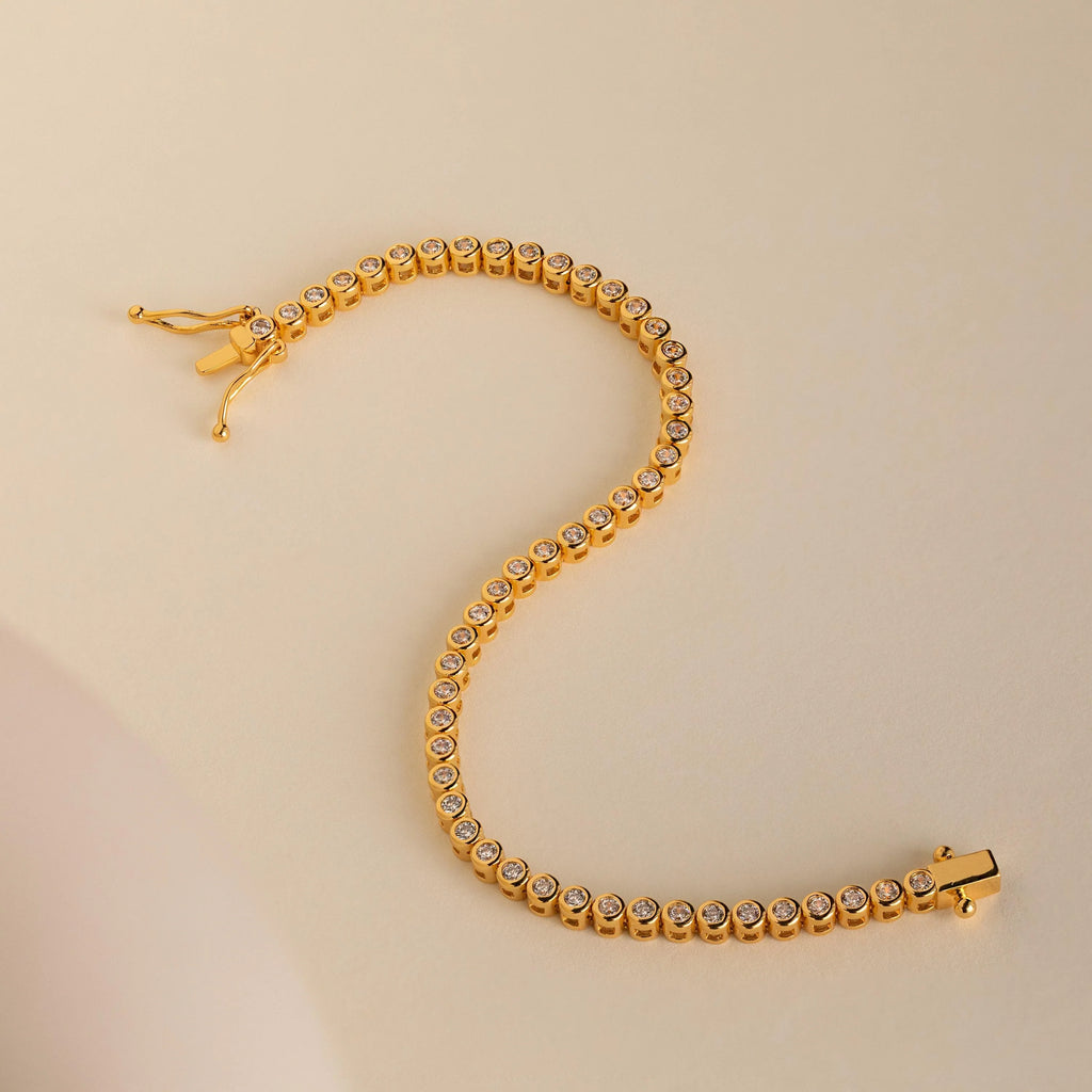 Diamond Bezel Tennis Necklace & Bracelet Set Silver 18K Gold Plated