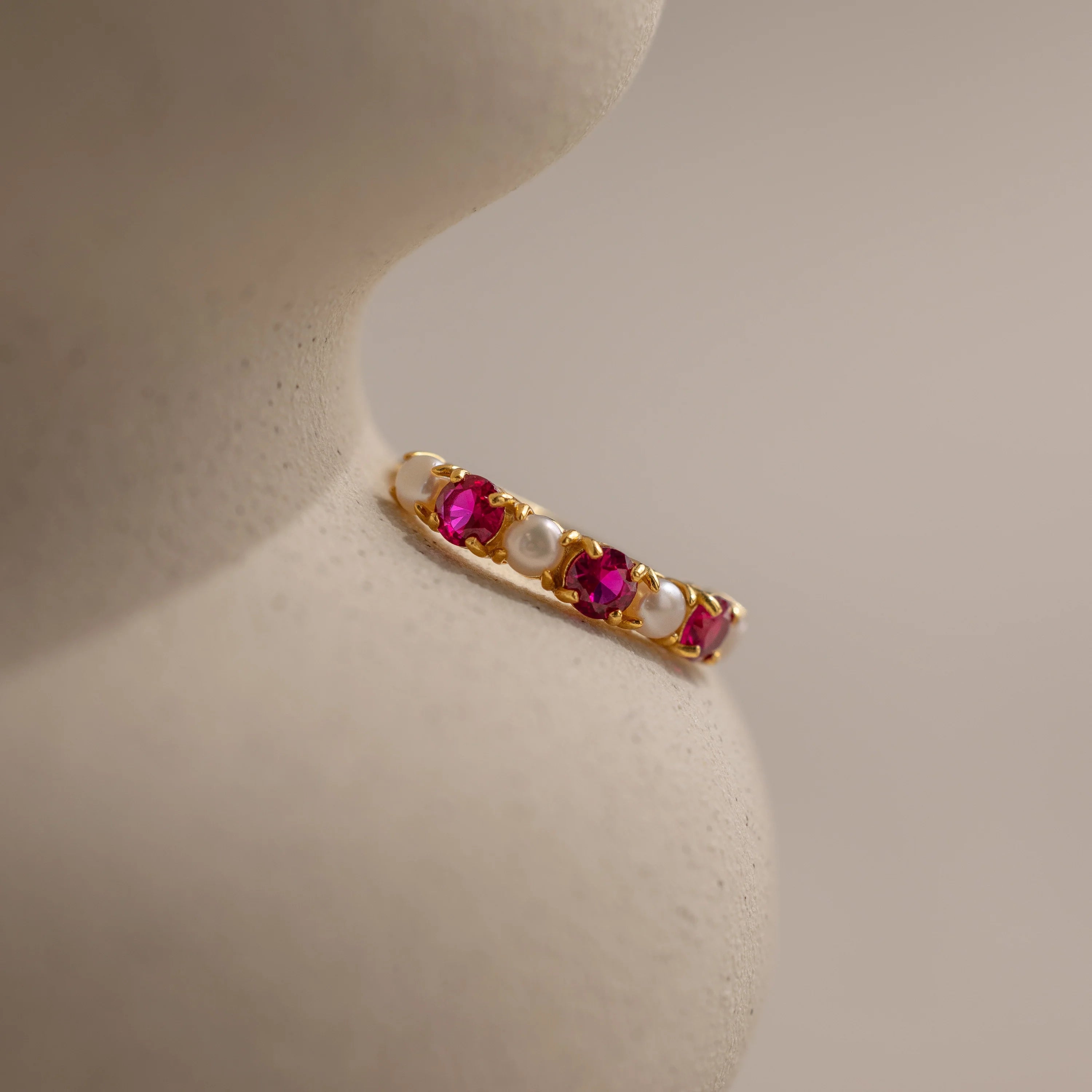 Pink Ruby & Pearl Lace Ring Silver 18K Gold Plated