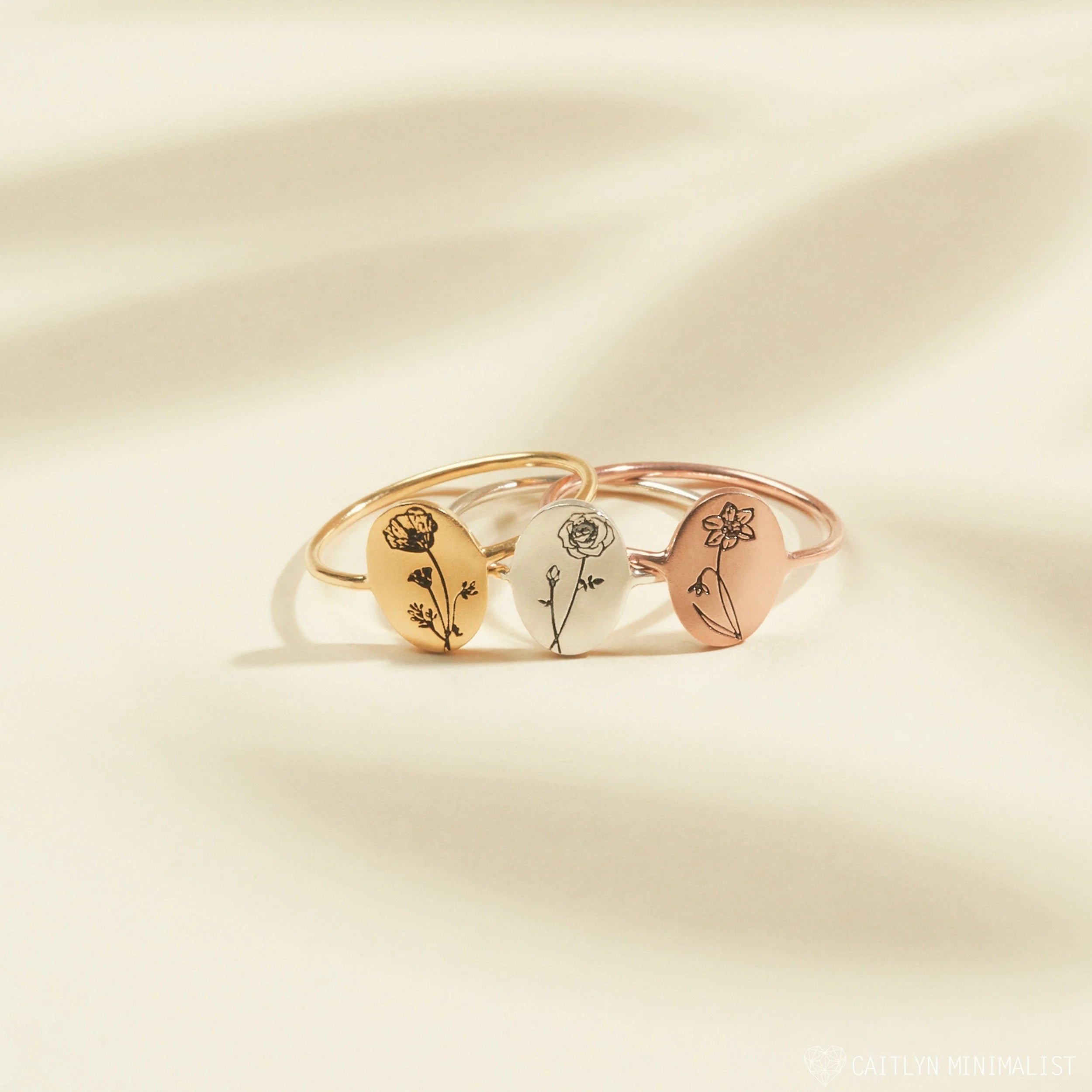 Birth Flower Oval Ring Silver 18K Gold Plated