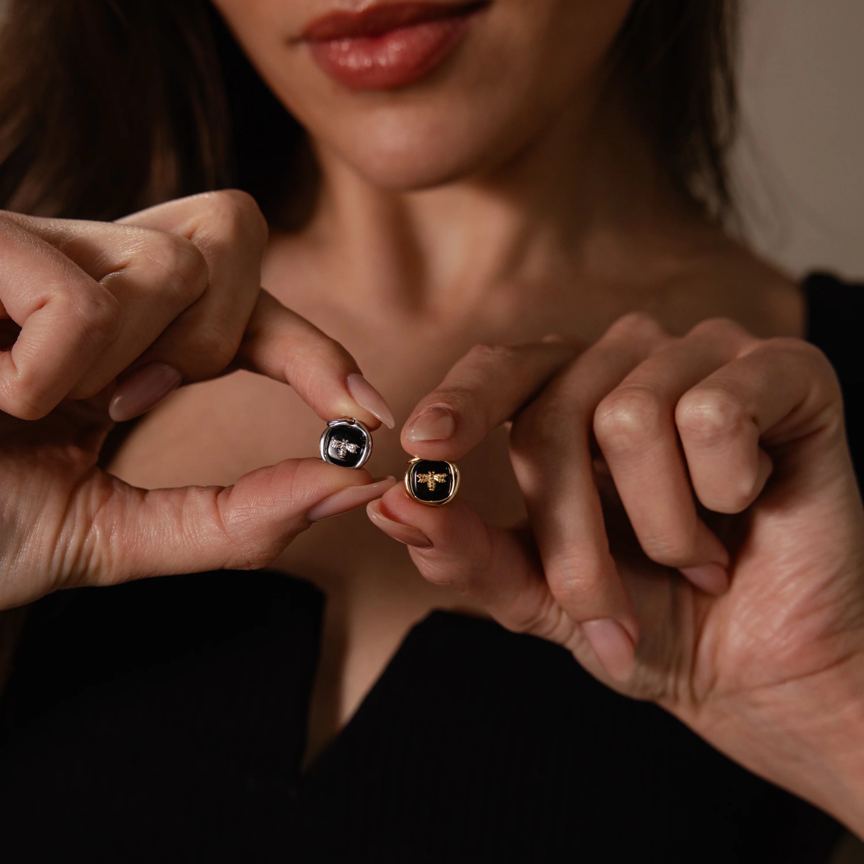 Onyx Honeybee Charm Silver 18K Gold Plated
