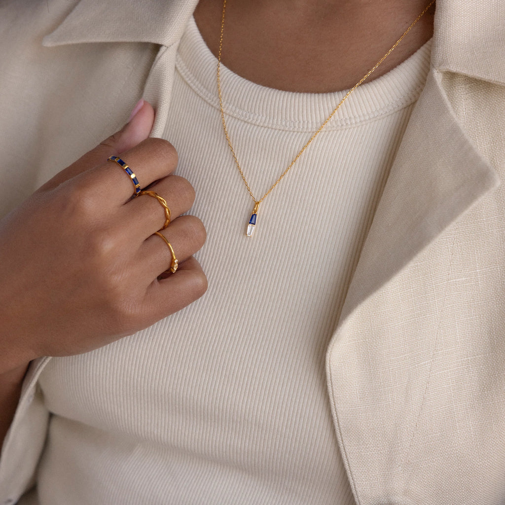Toi et Moi Tapered  Baguette Birthstone Necklace Silver 18K Gold Plated