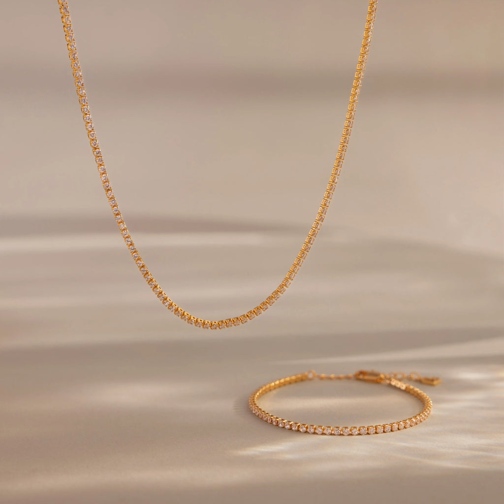 Diamond Tennis Necklace & Bracelet Set Silver 18K Gold Plated