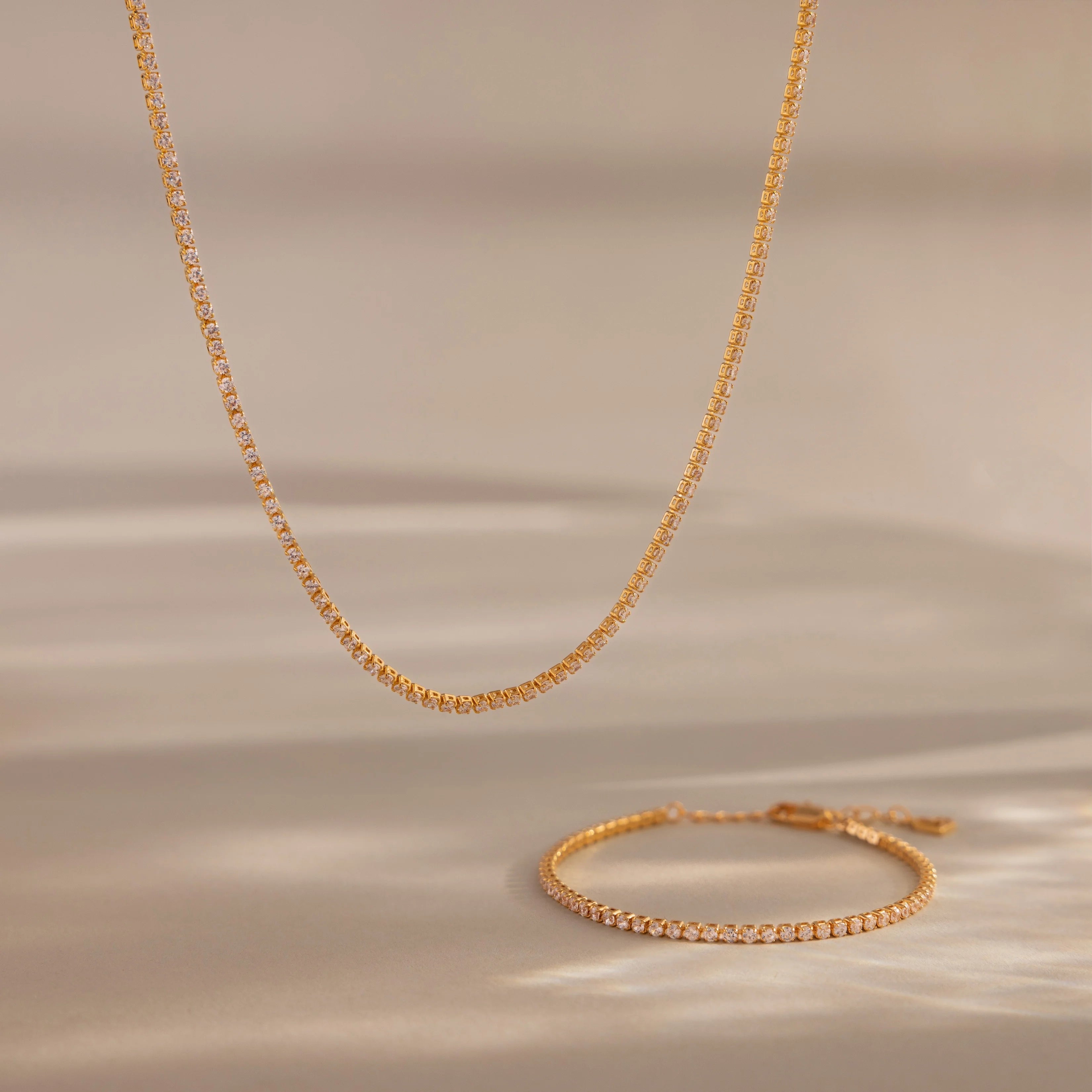 Diamond Tennis Necklace & Bracelet Set Silver 18K Gold Plated