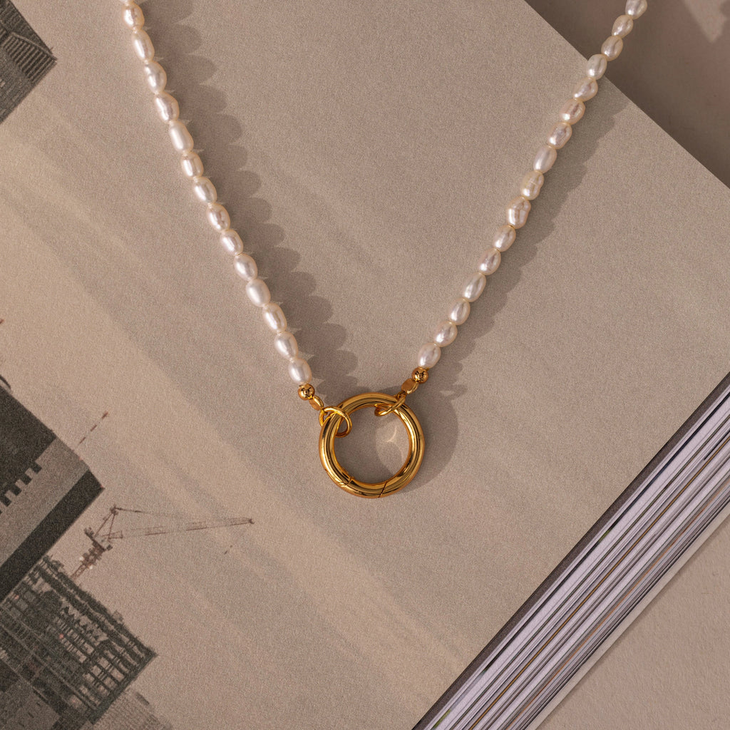 Pearl Chain Clasp Necklace Silver 18K Gold Plated
