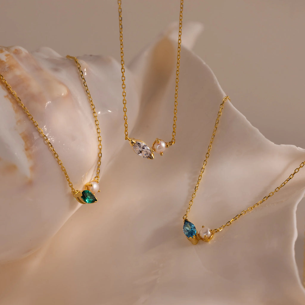 Marquise Birthstone Pearl Necklace Silver 18K Gold Plated