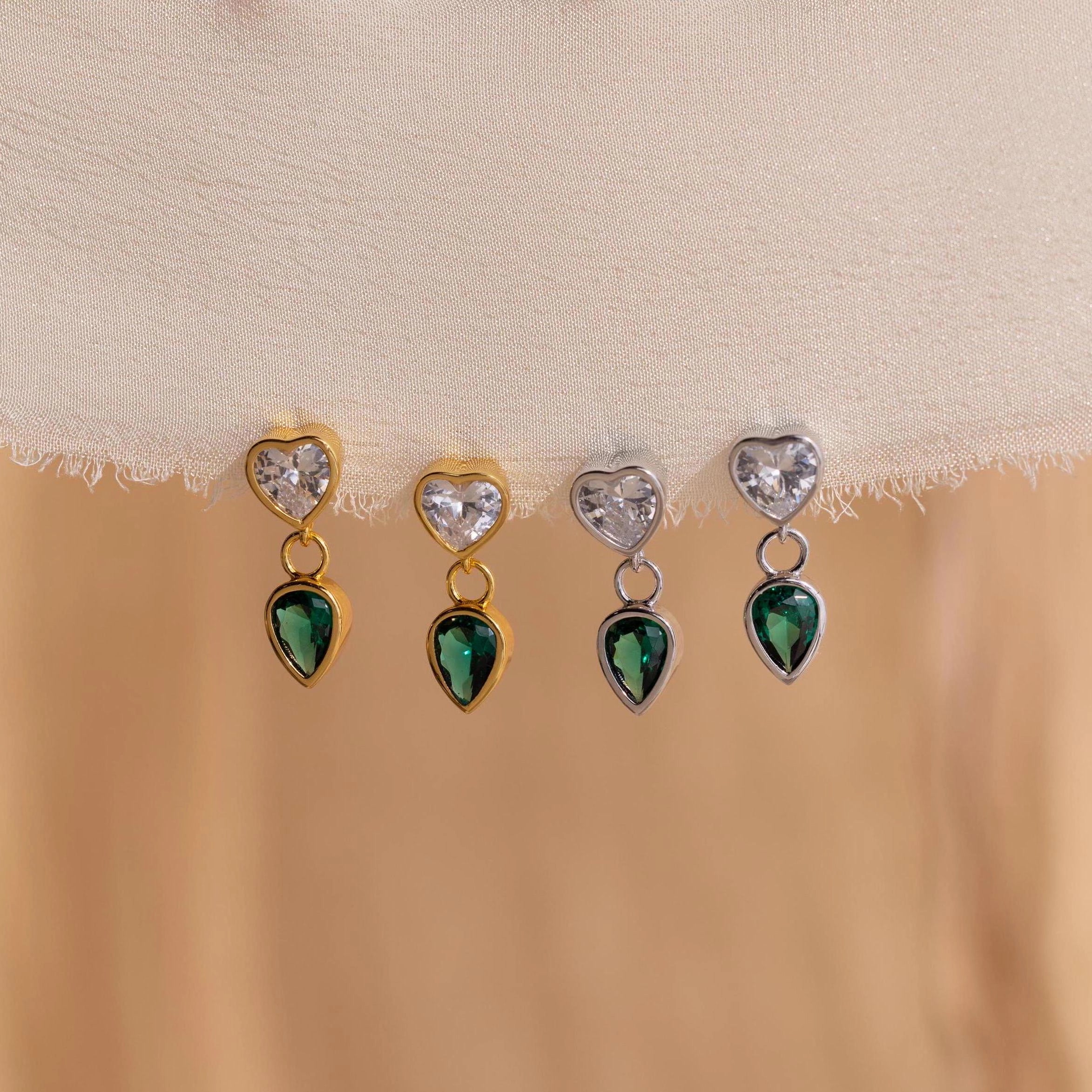 Emerald Heart Drop Studs Silver 18K Gold Plated