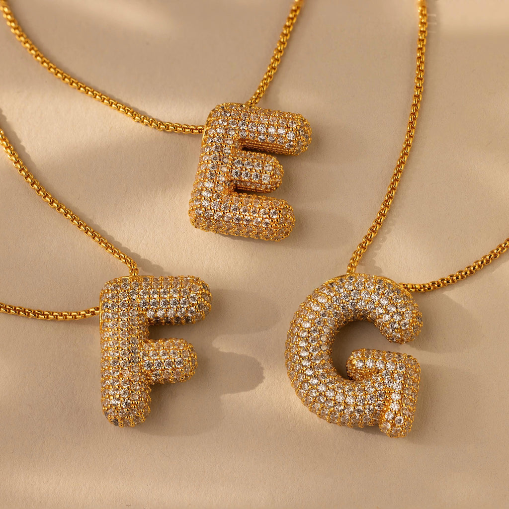 Pave Puff Letter Necklace Silver 18K Gold Plated