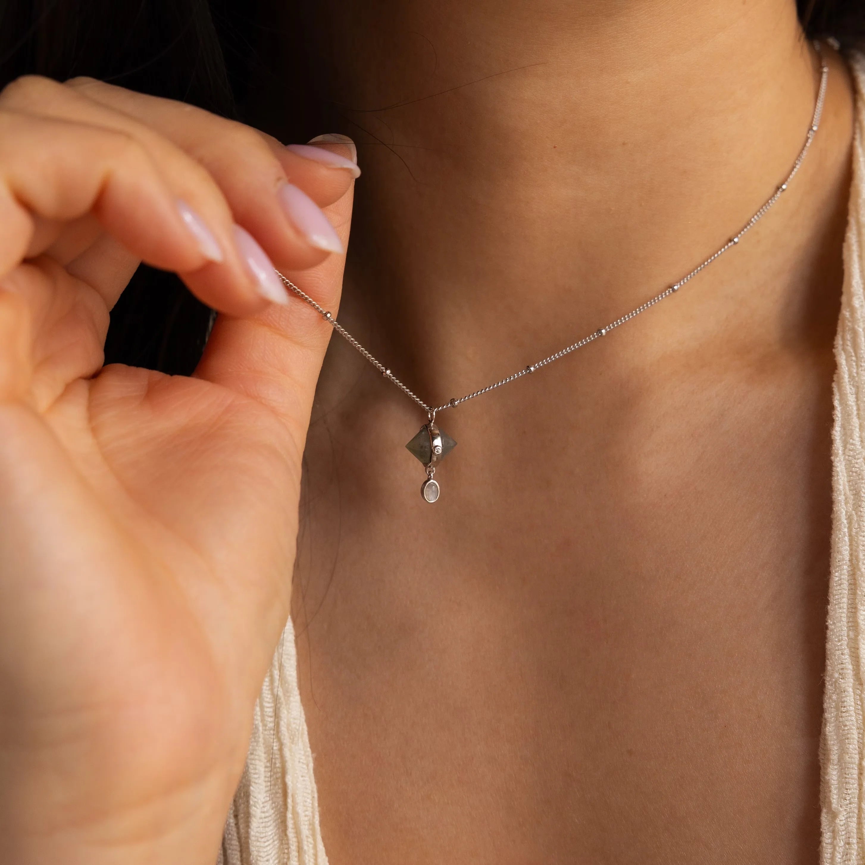 Labradorite & Moonstone Drop Necklace Silver 18K Gold Plated
