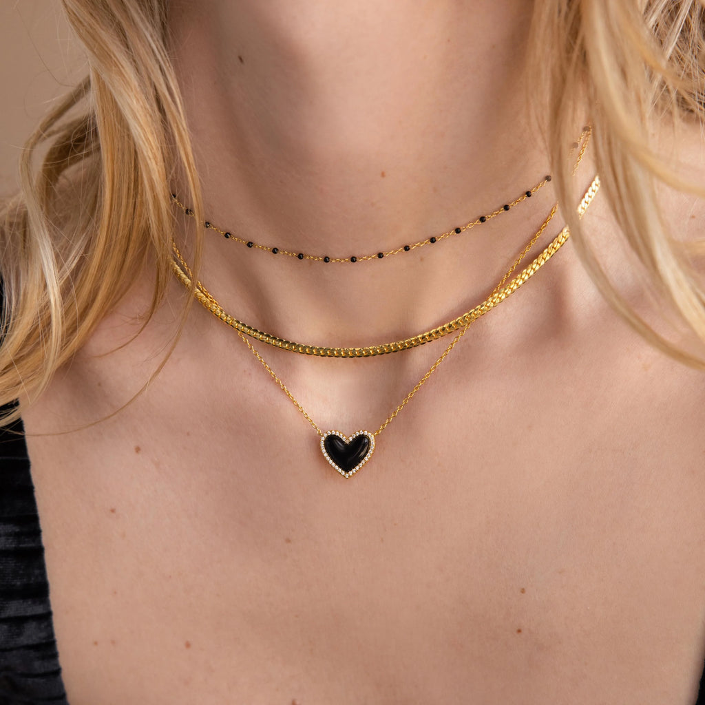 Diamond Onyx Puff Heart Necklace Silver 18K Gold Plated