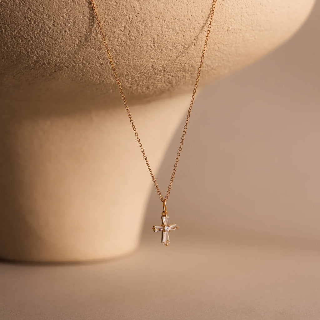 Diamond Art Deco Cross Necklace Silver 18K Gold Plated