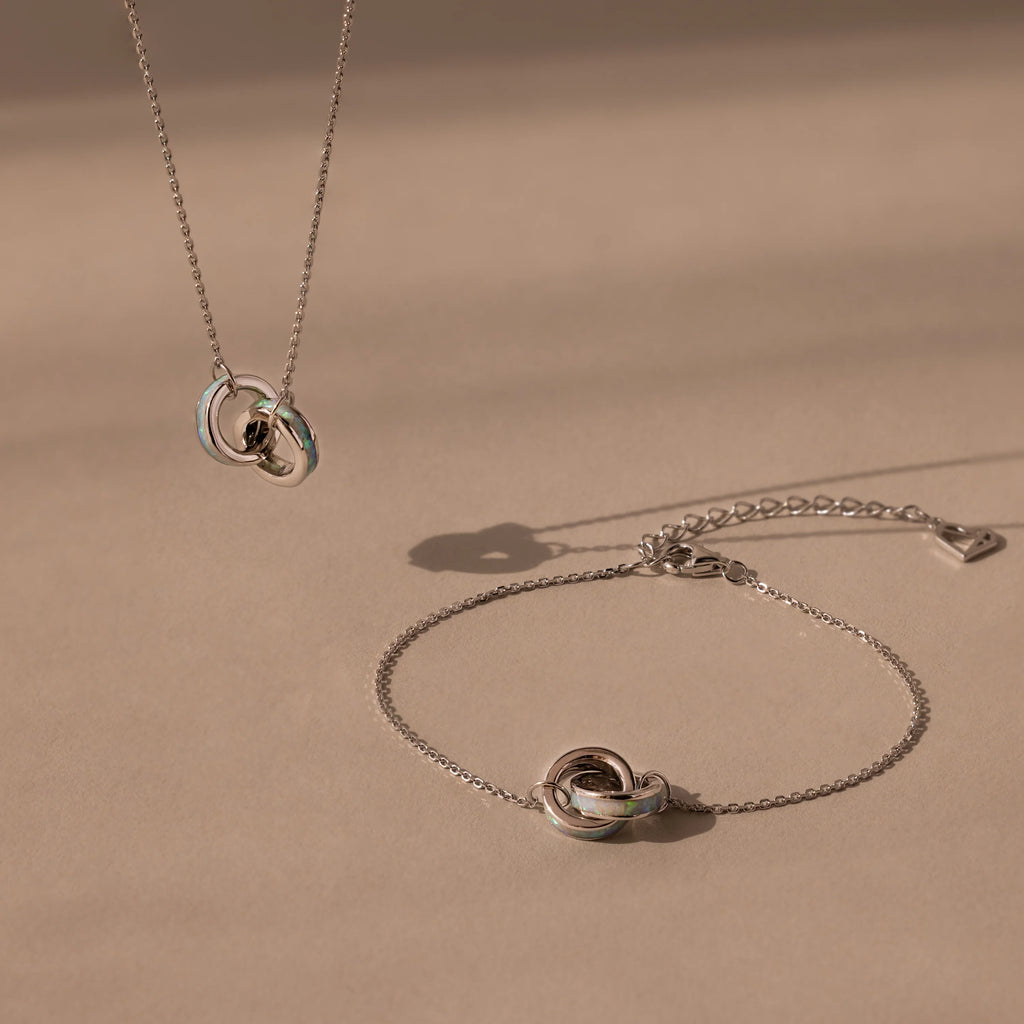 Interlocking Opal Inlay Necklace and Bracelet Set Silver 18K Gold Plated