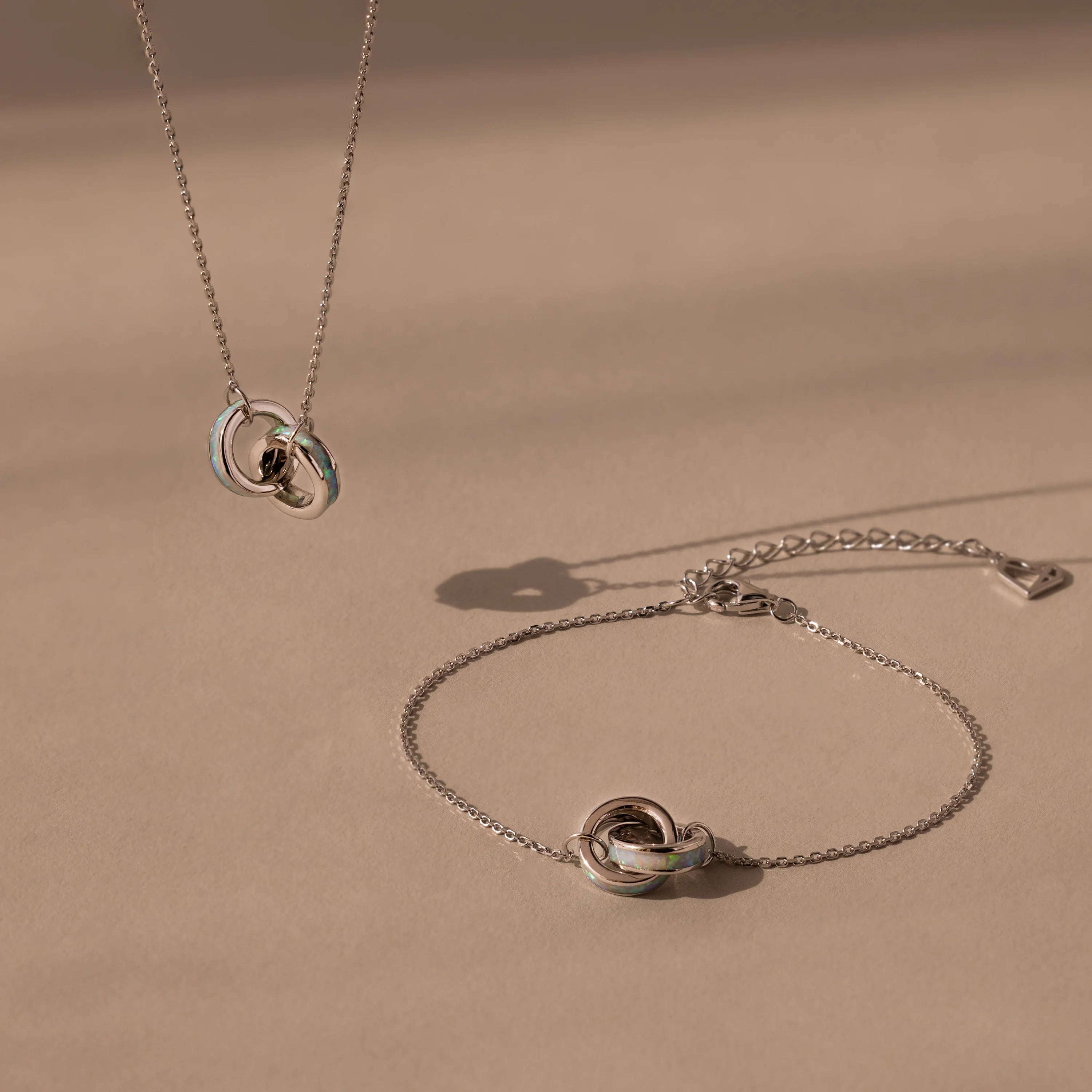 Interlocking Opal Inlay Necklace and Bracelet Set Silver 18K Gold Plated