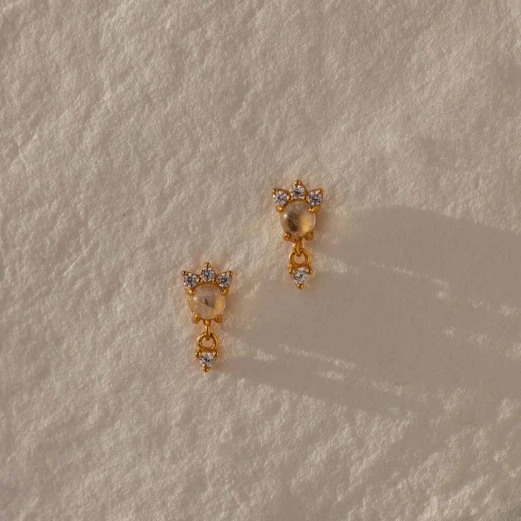 Diamonds Moonstone Drop Studs Silver 18K Gold Plated