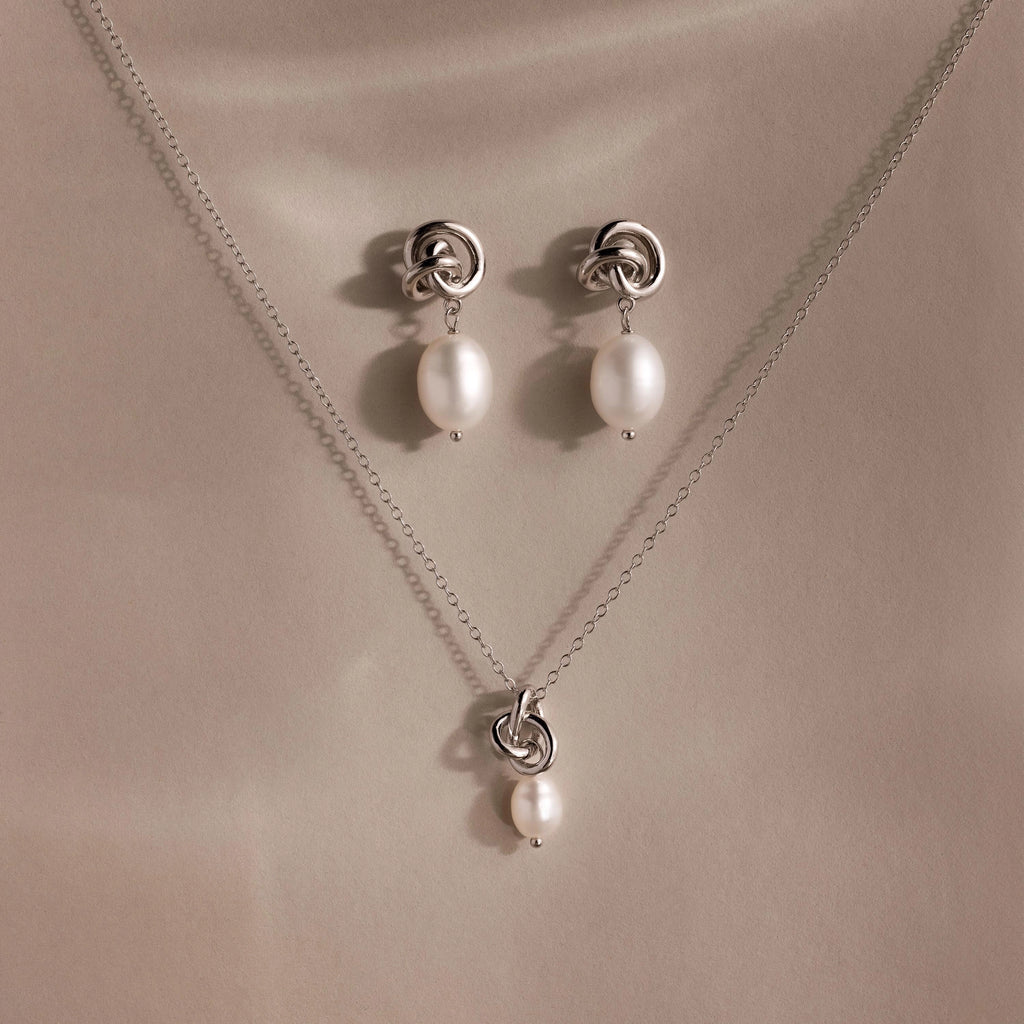 Freshwater Pearl Knot Necklace & Earrings Set  Silver 18K Gold Plated