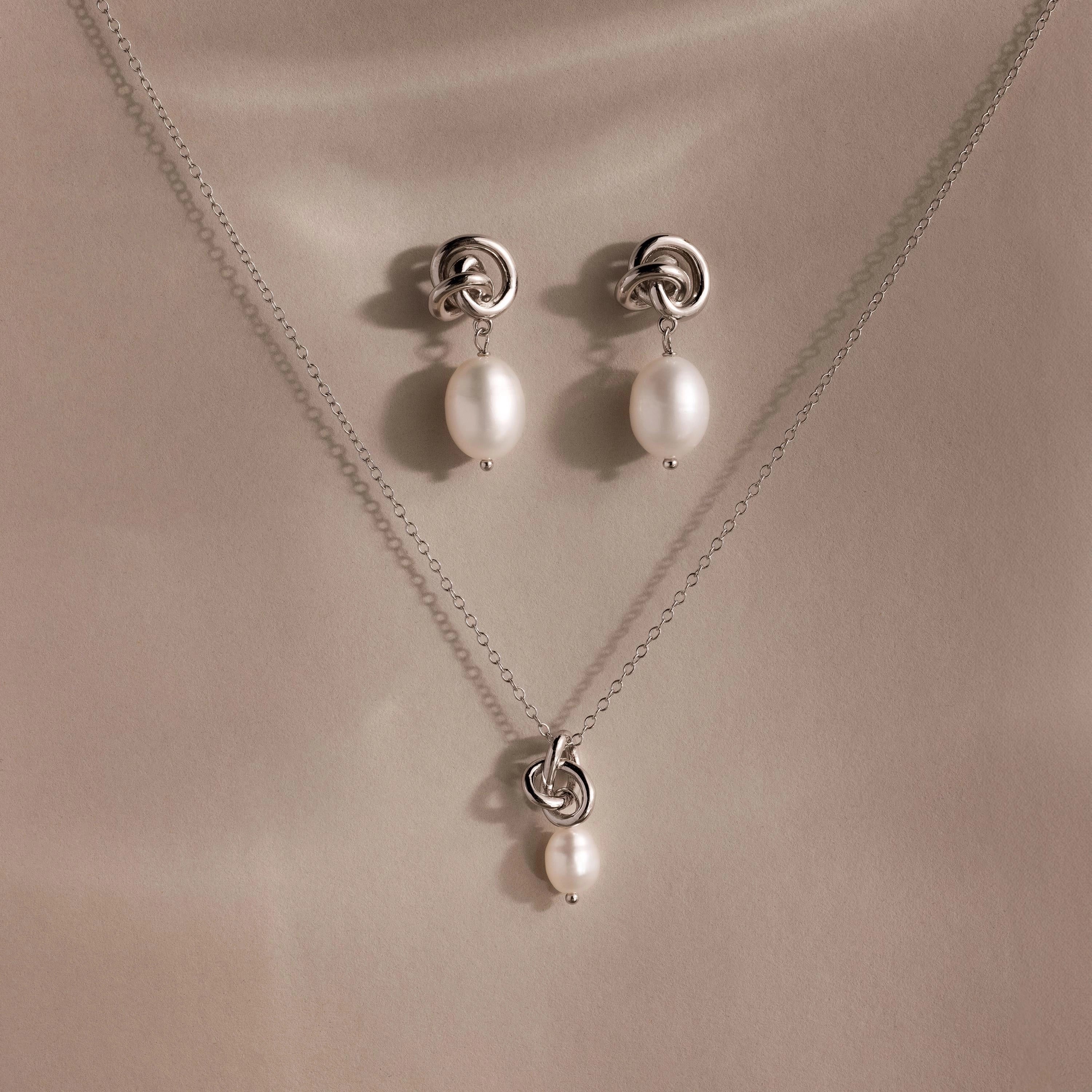 Freshwater Pearl Knot Necklace & Earrings Set  Silver 18K Gold Plated
